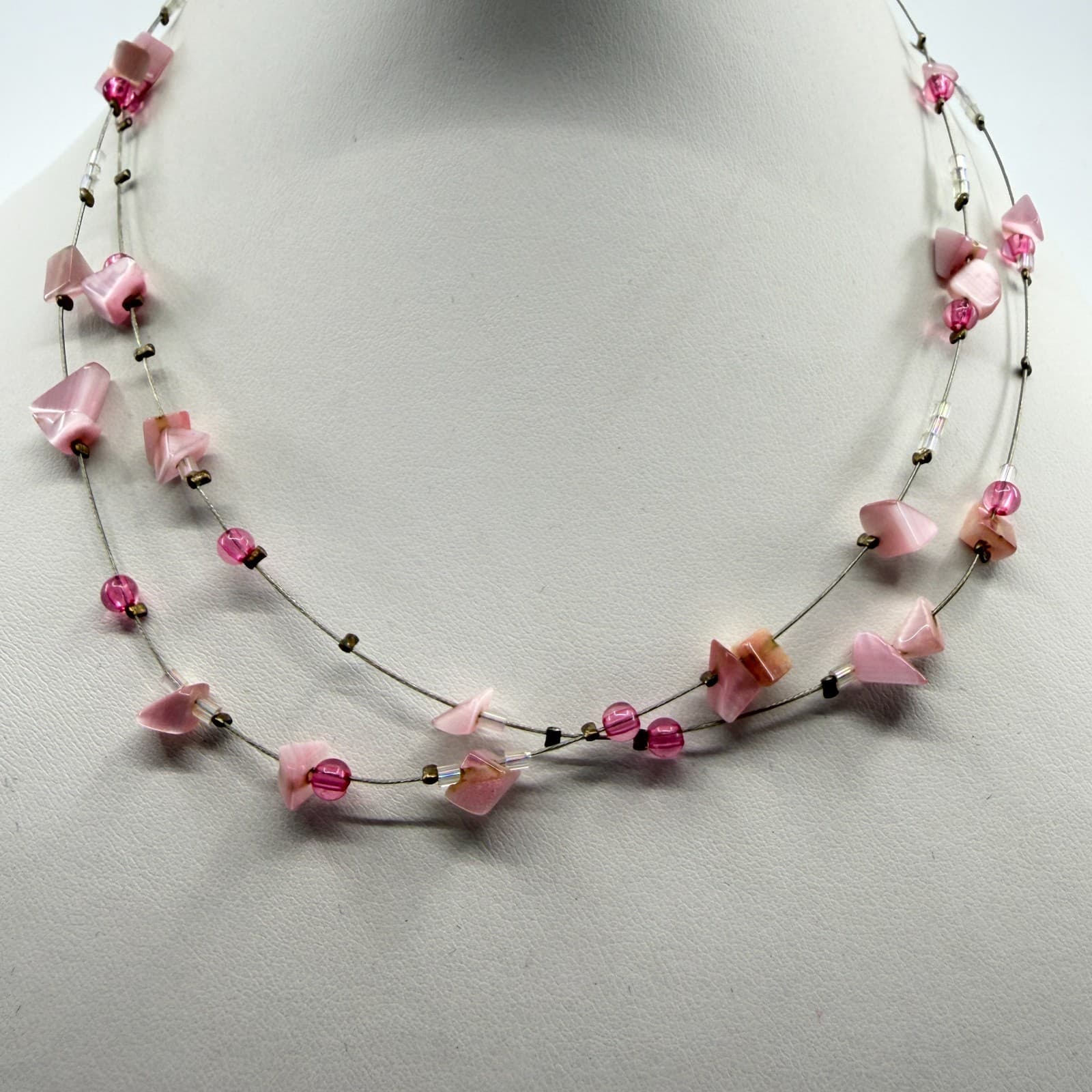 New York & Co. Layered Pink Bead Necklace Statement Floating Illusion Jewelry - Thumbnail 2