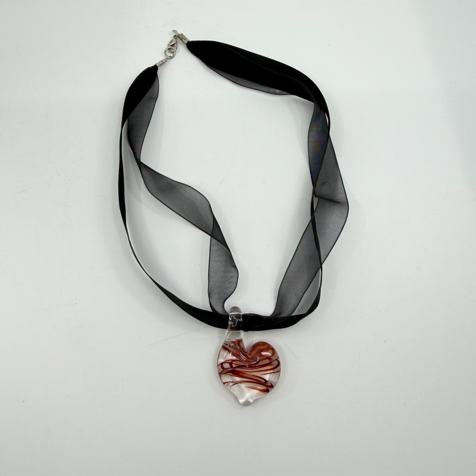 Handcrafted Glass Heart Pendant Necklace Black Ribbon Choker Statement Jewelry - Thumbnail 9