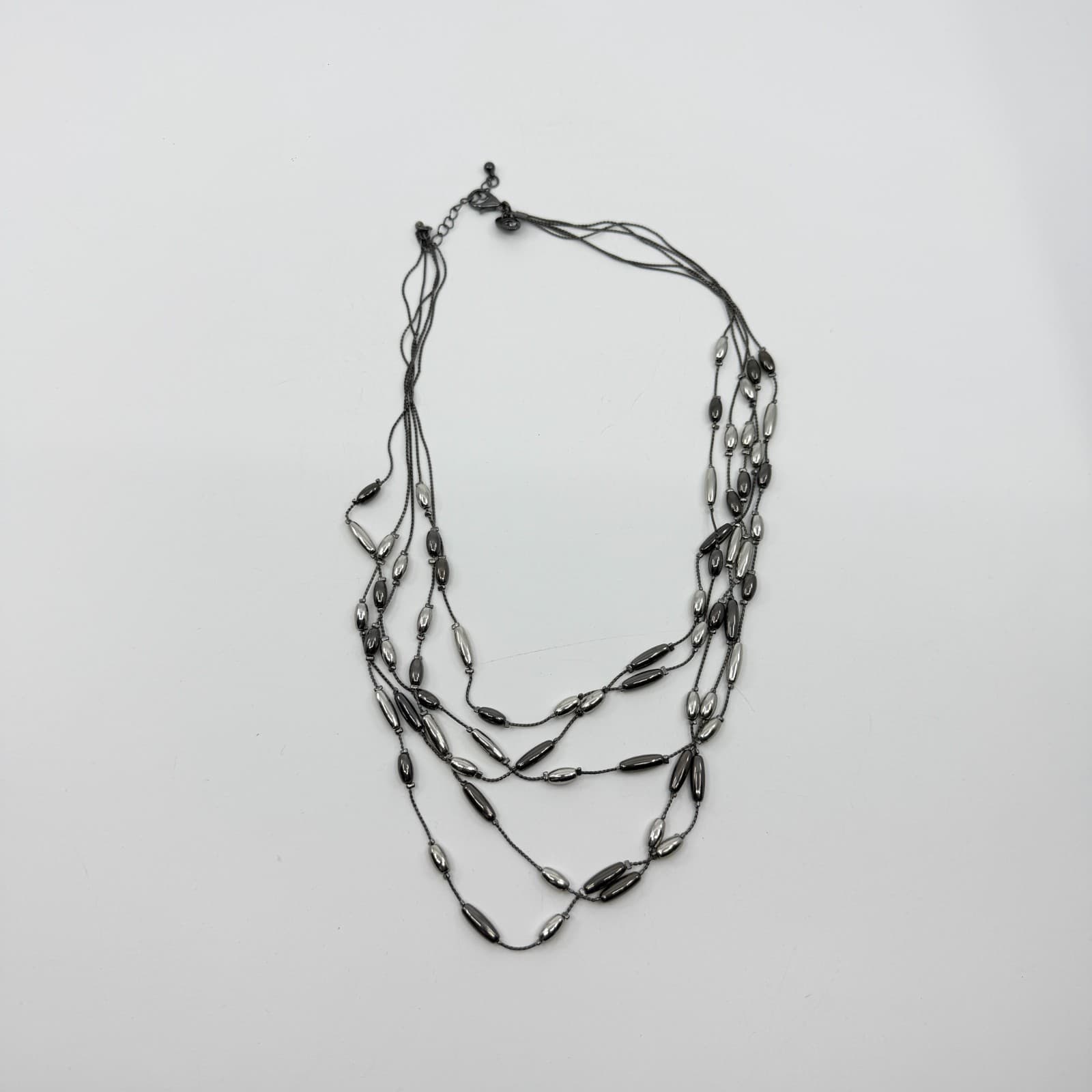Multi-Strand Floating Metallic Bead Statement Necklace Layer Gunmetal Gray Chic - Thumbnail 10
