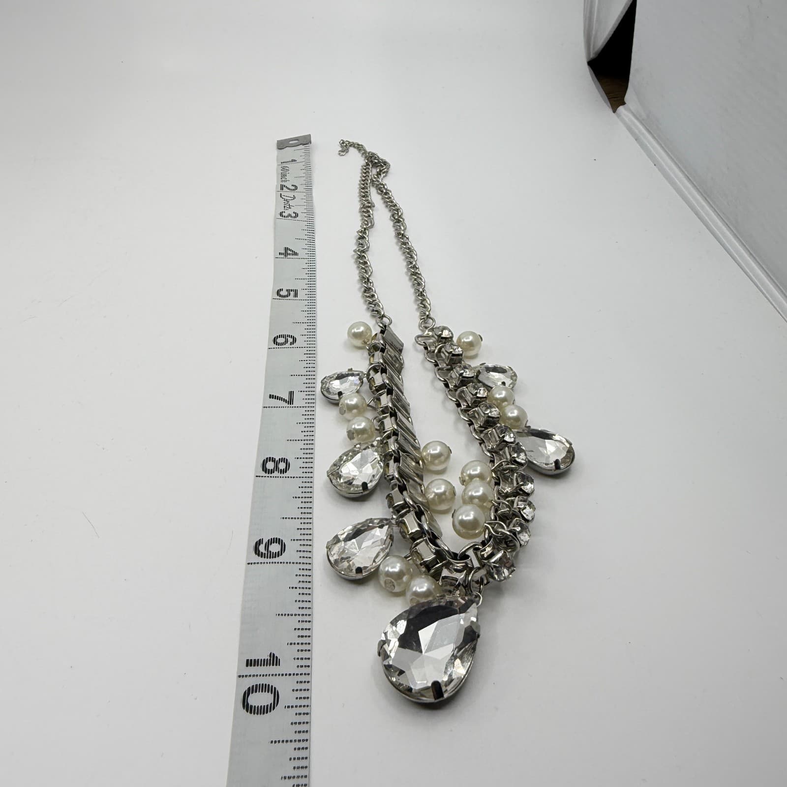 Glamorous Statement Necklace Clear Crystal Teardrop Faux Pearl Silver Tone Party - Thumbnail 13