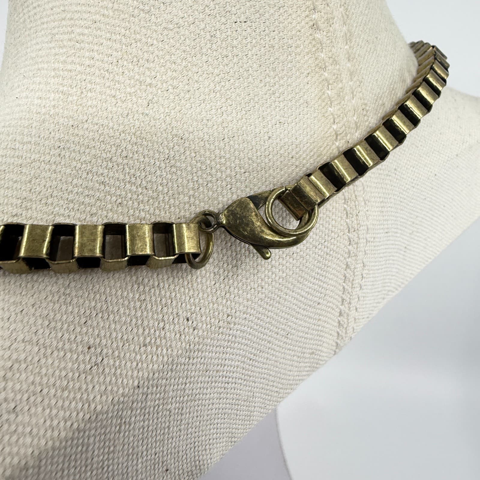 Antique Brass Tone Tassel Statement Necklace Box Chain Sparkly Crystal Accent - Thumbnail 8