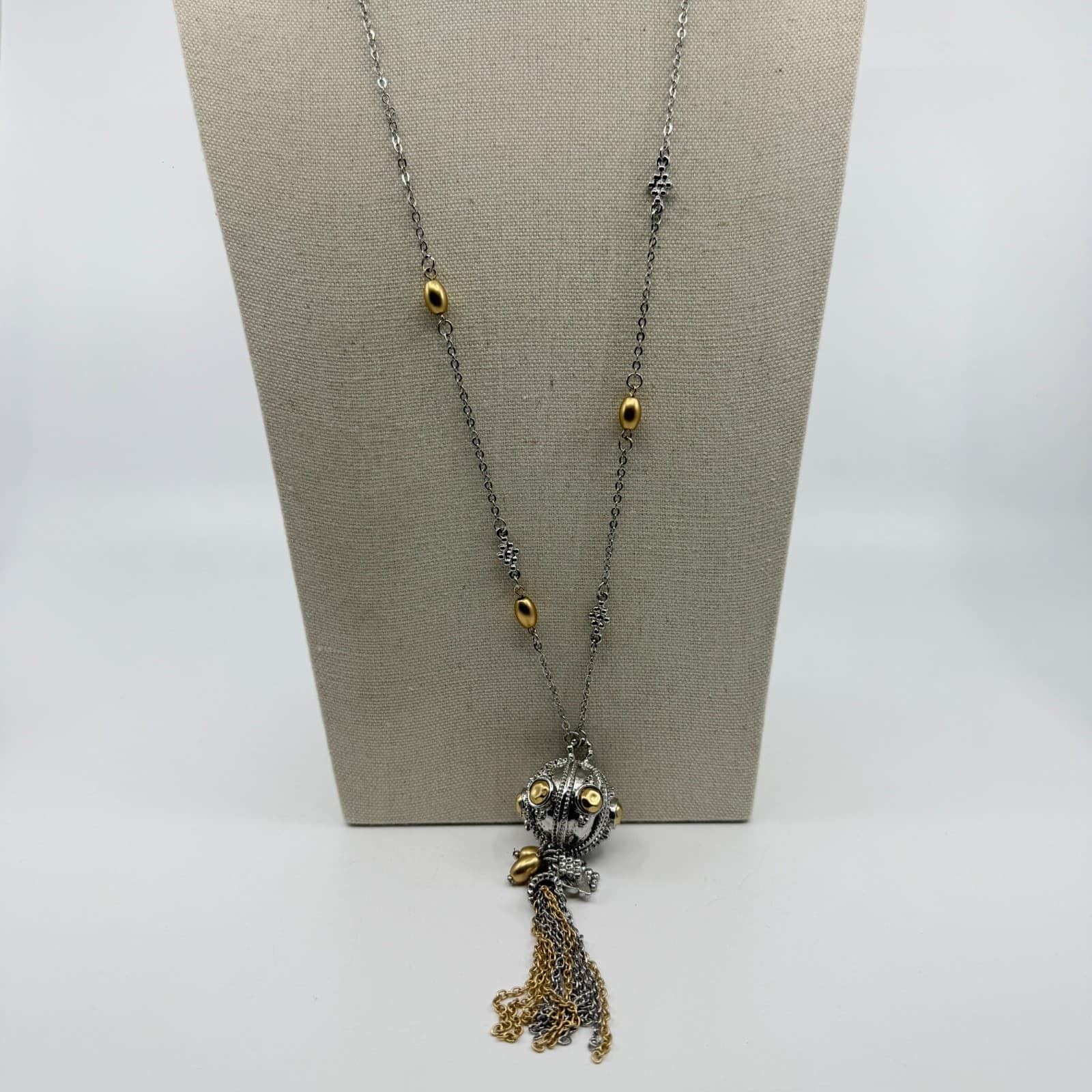 Two-Tone Statement Pendant Necklace Gold & Silver Tone Metallic Tassel Layering - Thumbnail 5