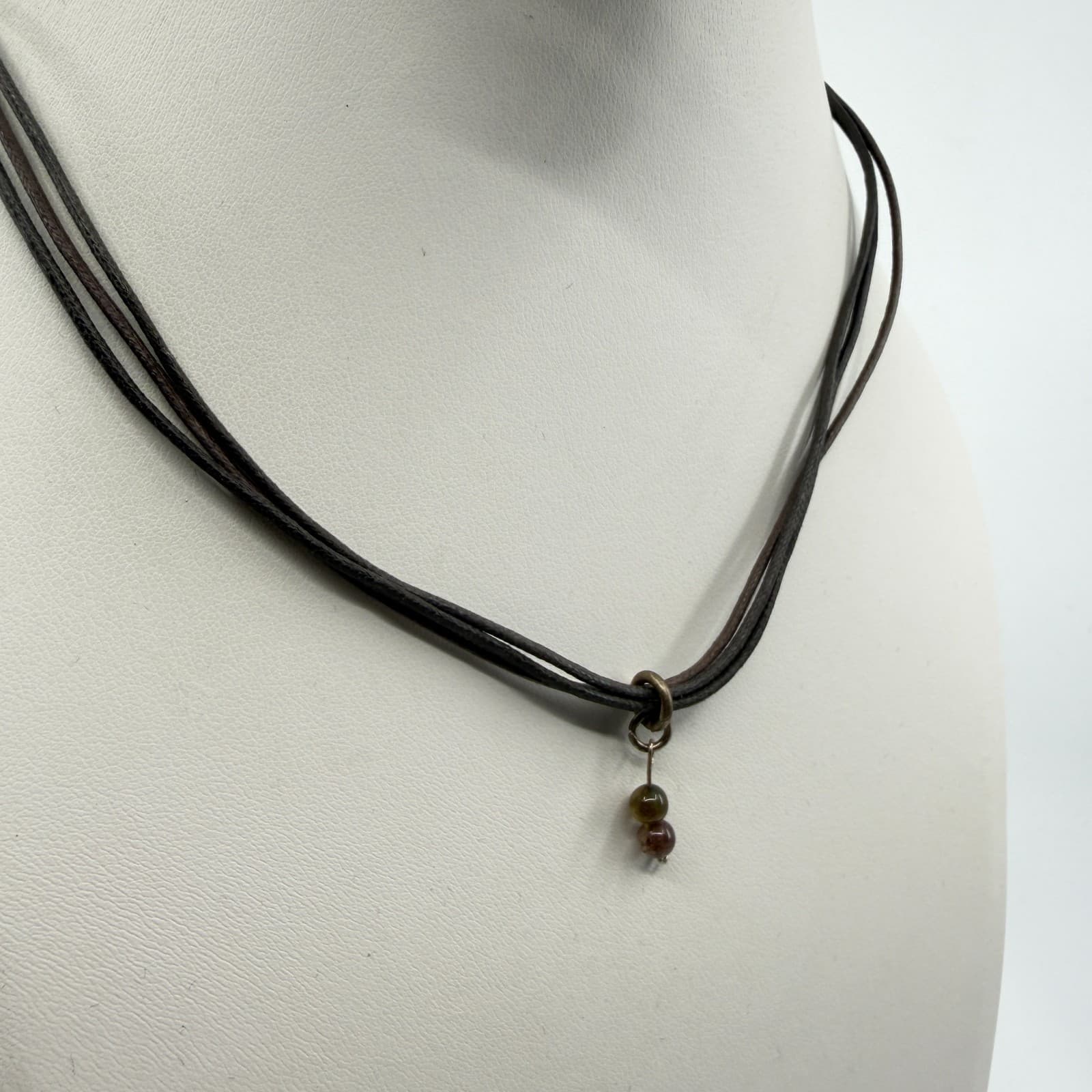Minimalist Cord Necklace Brown Strands With Tiny Earth Tone Beaded Pendant Charm - Thumbnail 3
