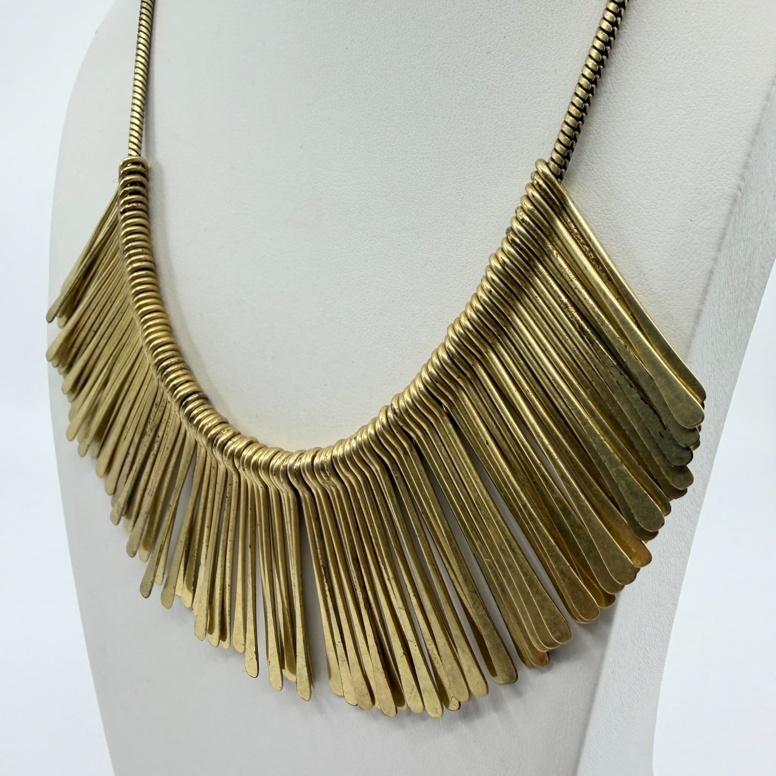 Gold Tone Statement Bib Necklace Fringe Design Bold Metal Collar Fashion Piece - Thumbnail 5