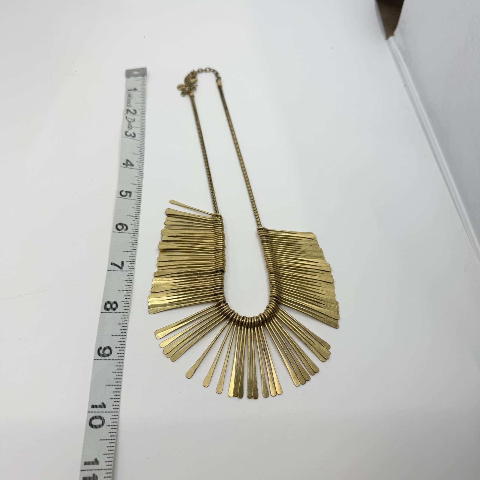 Gold Tone Statement Bib Necklace Fringe Design Bold Metal Collar Fashion Piece - Thumbnail 9