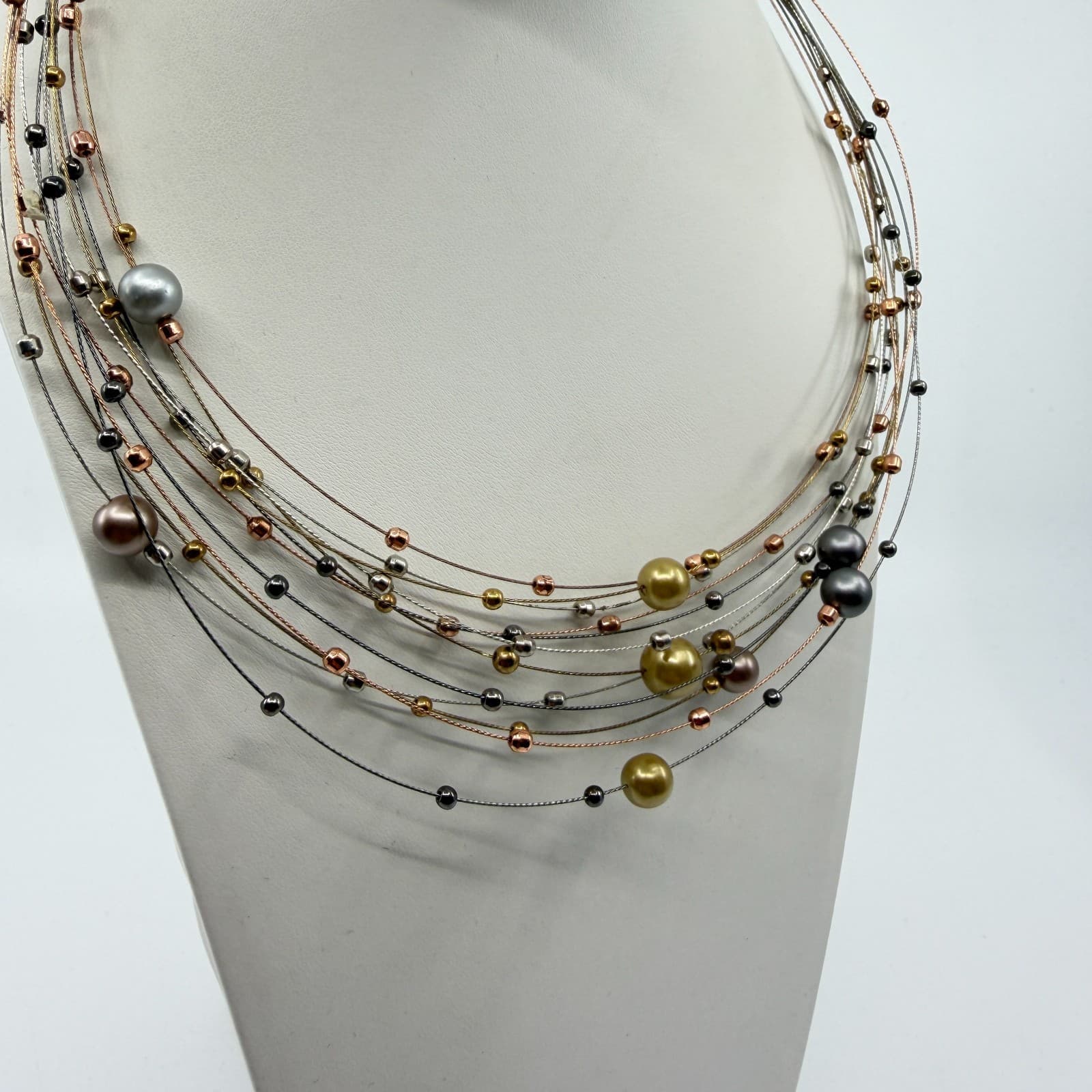 Multi Strand Wire Necklace Mixed Metallic Beads Statement Layered Jewelry Gift - Thumbnail 5