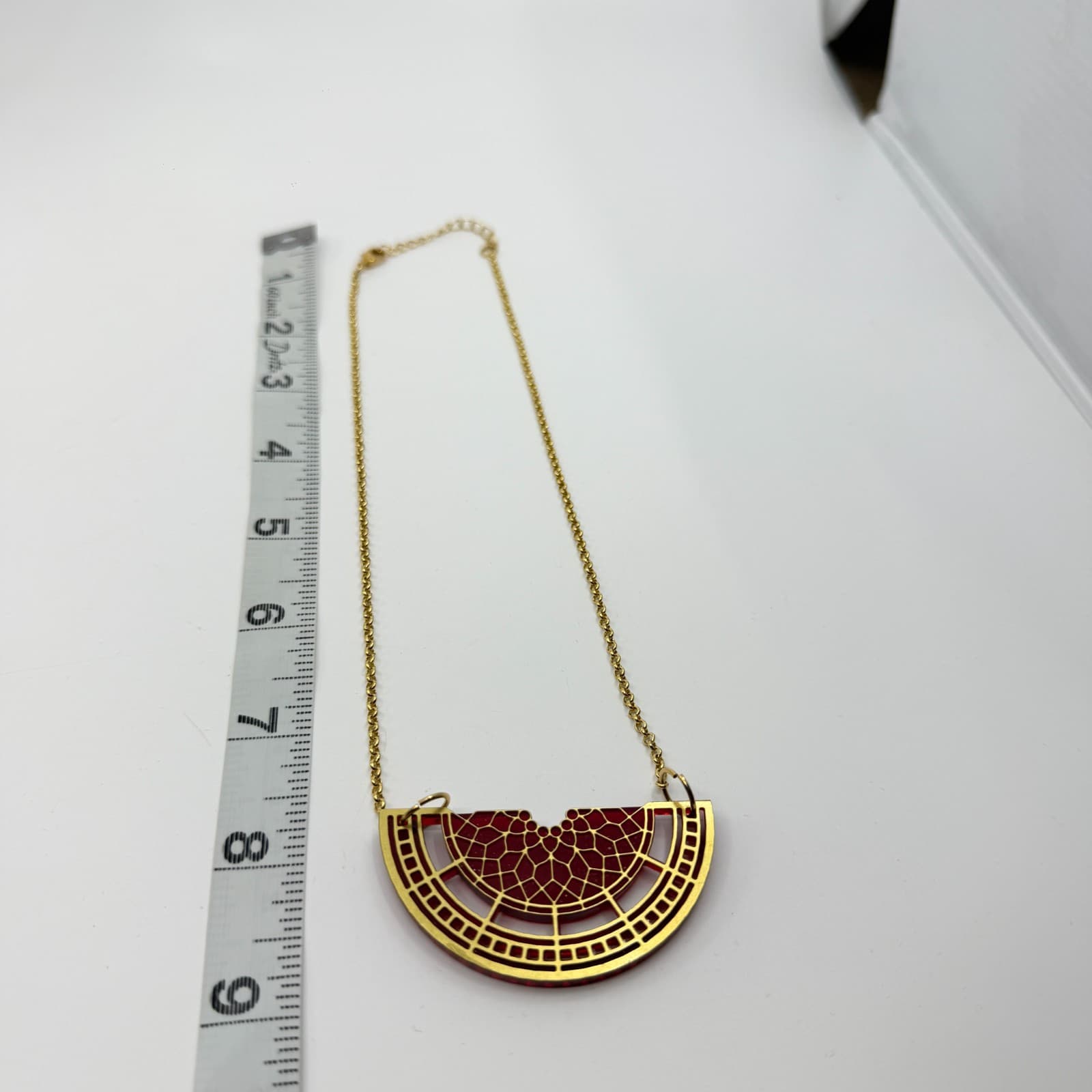 Y2K Gold Tone Semi Circle Pendant Necklace Red Statement Unique Minimalist Gift - Thumbnail 8