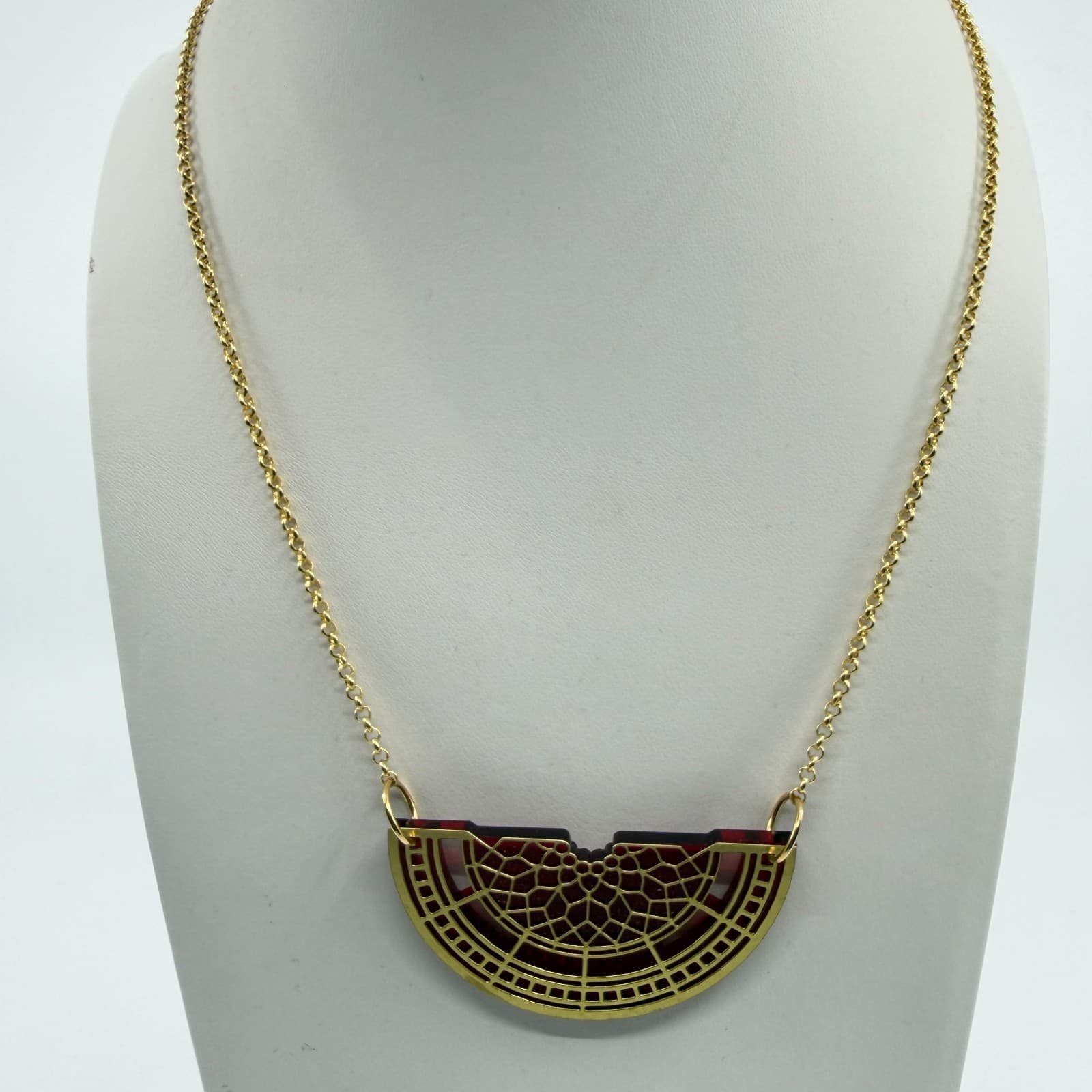 Y2K Gold Tone Semi Circle Pendant Necklace Red Statement Unique Minimalist Gift - Thumbnail 6