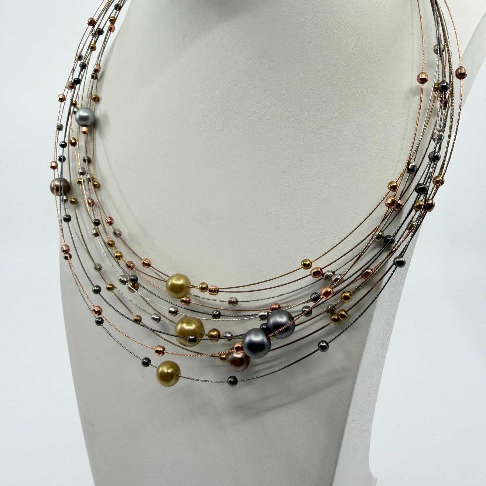Multi Strand Wire Necklace Mixed Metallic Beads Statement Layered Jewelry Gift - Thumbnail 2
