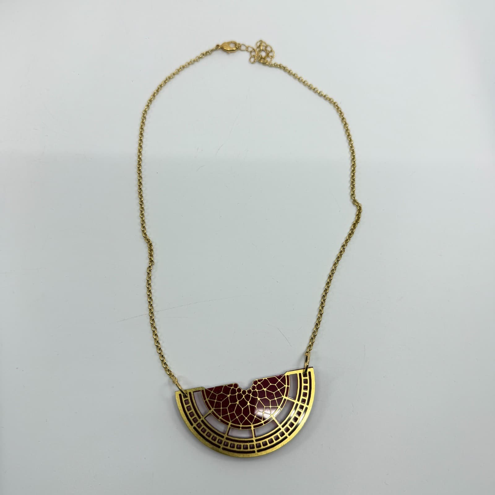 Y2K Gold Tone Semi Circle Pendant Necklace Red Statement Unique Minimalist Gift - Thumbnail 7
