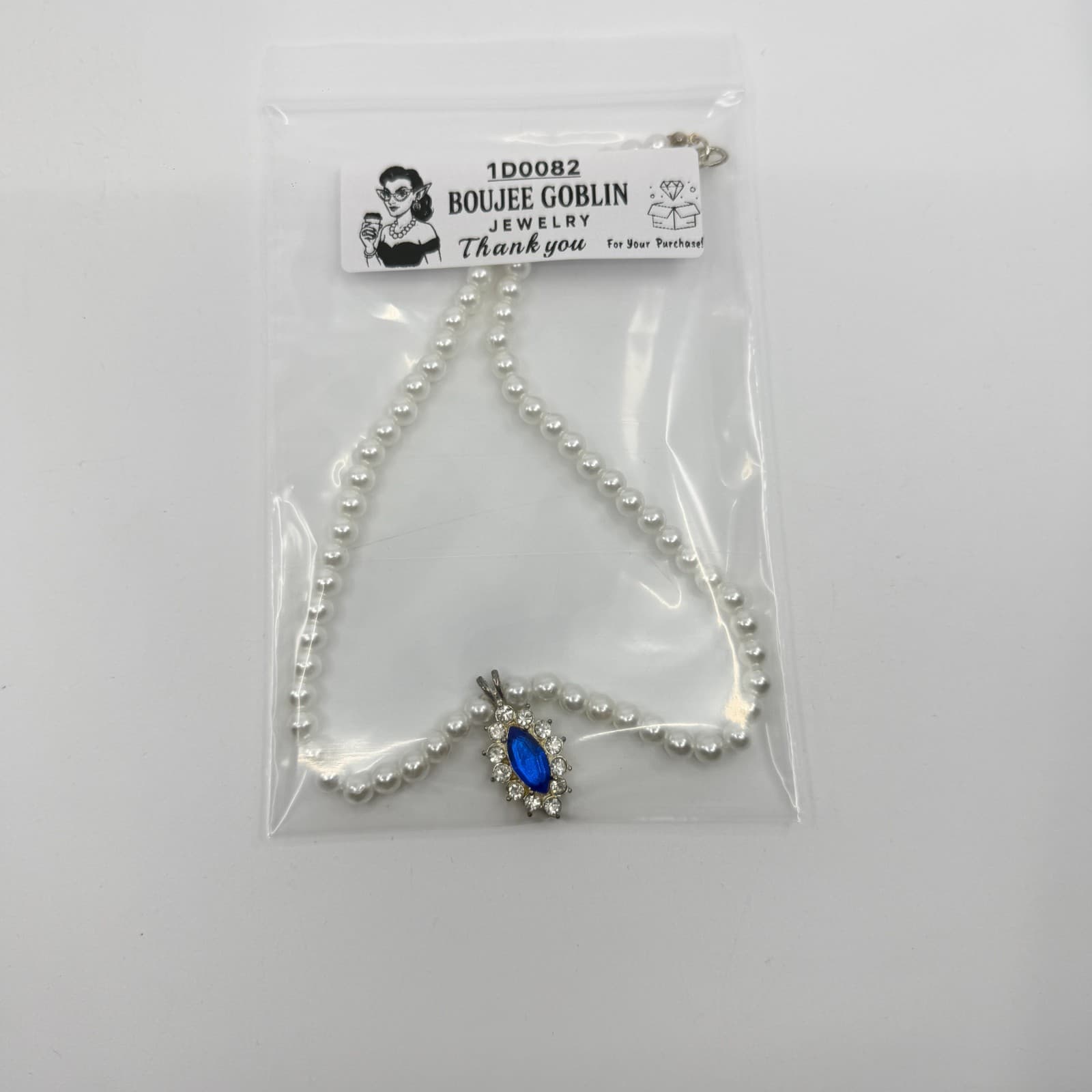Faux Pearl Necklace Royal Blue Marquise Rhinestone Pendant Statement Jewelry - Thumbnail 11