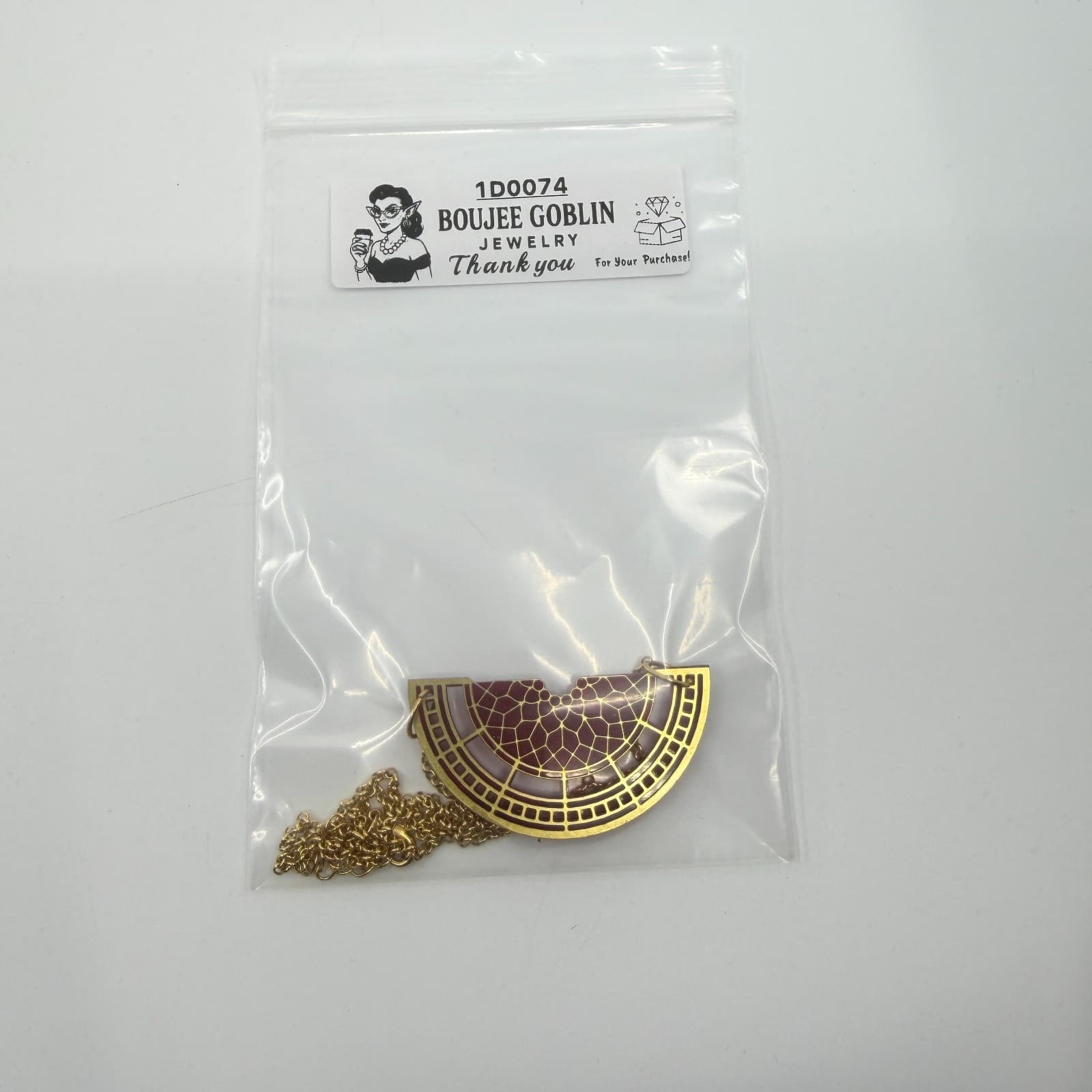 Y2K Gold Tone Semi Circle Pendant Necklace Red Statement Unique Minimalist Gift - Thumbnail 9