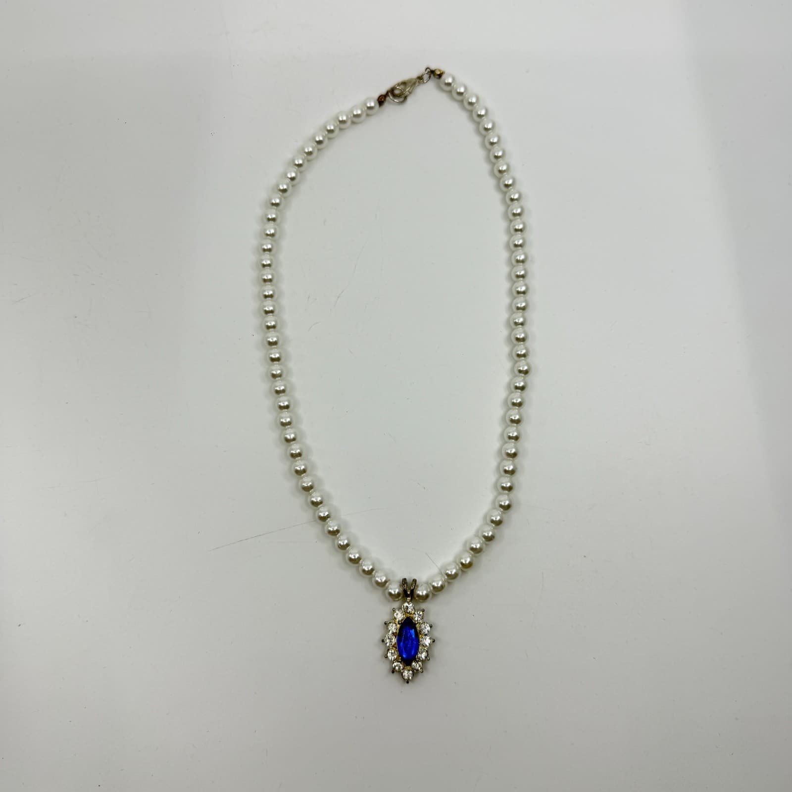 Faux Pearl Necklace Royal Blue Marquise Rhinestone Pendant Statement Jewelry - Thumbnail 9