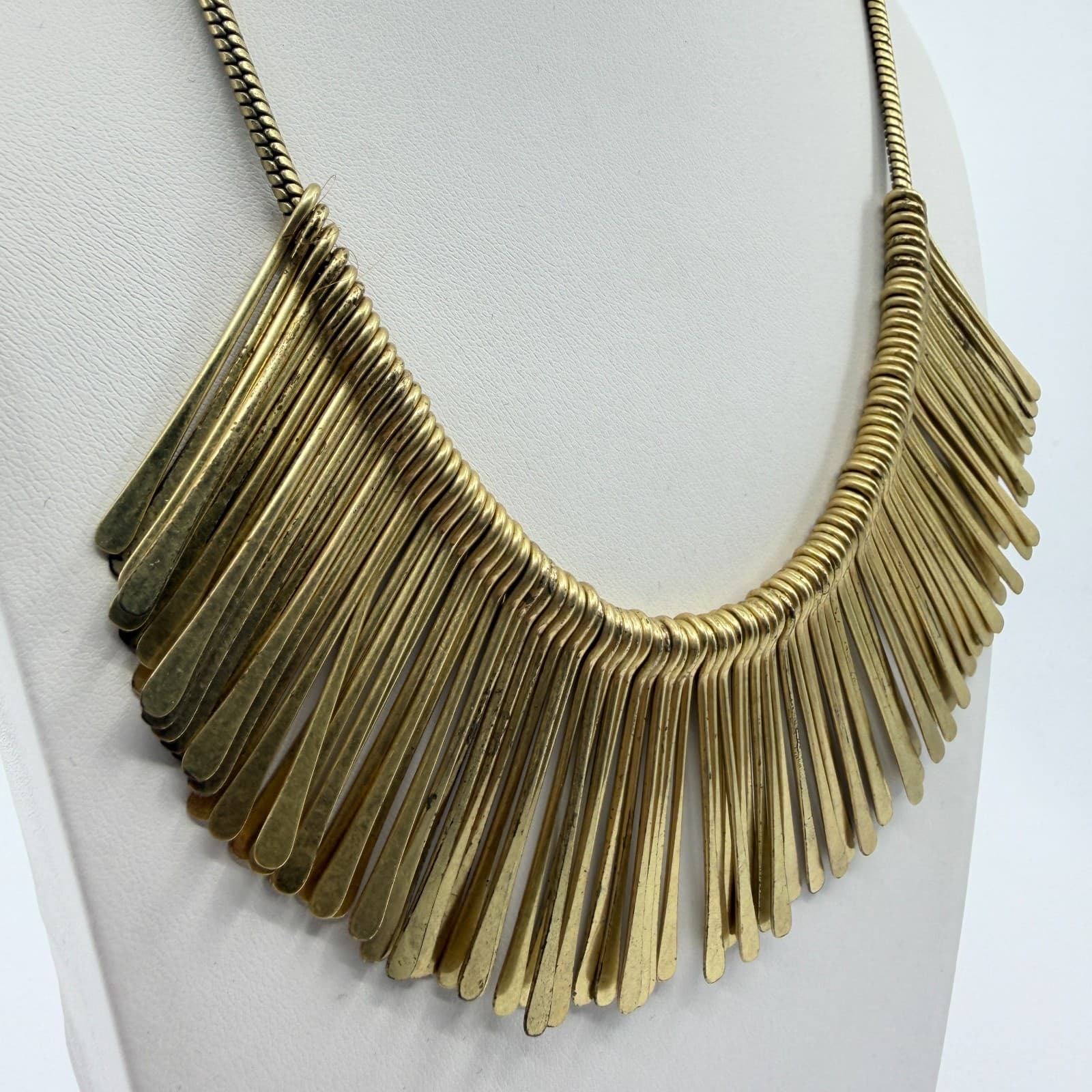 Gold Tone Statement Bib Necklace Fringe Design Bold Metal Collar Fashion Piece - Thumbnail 3