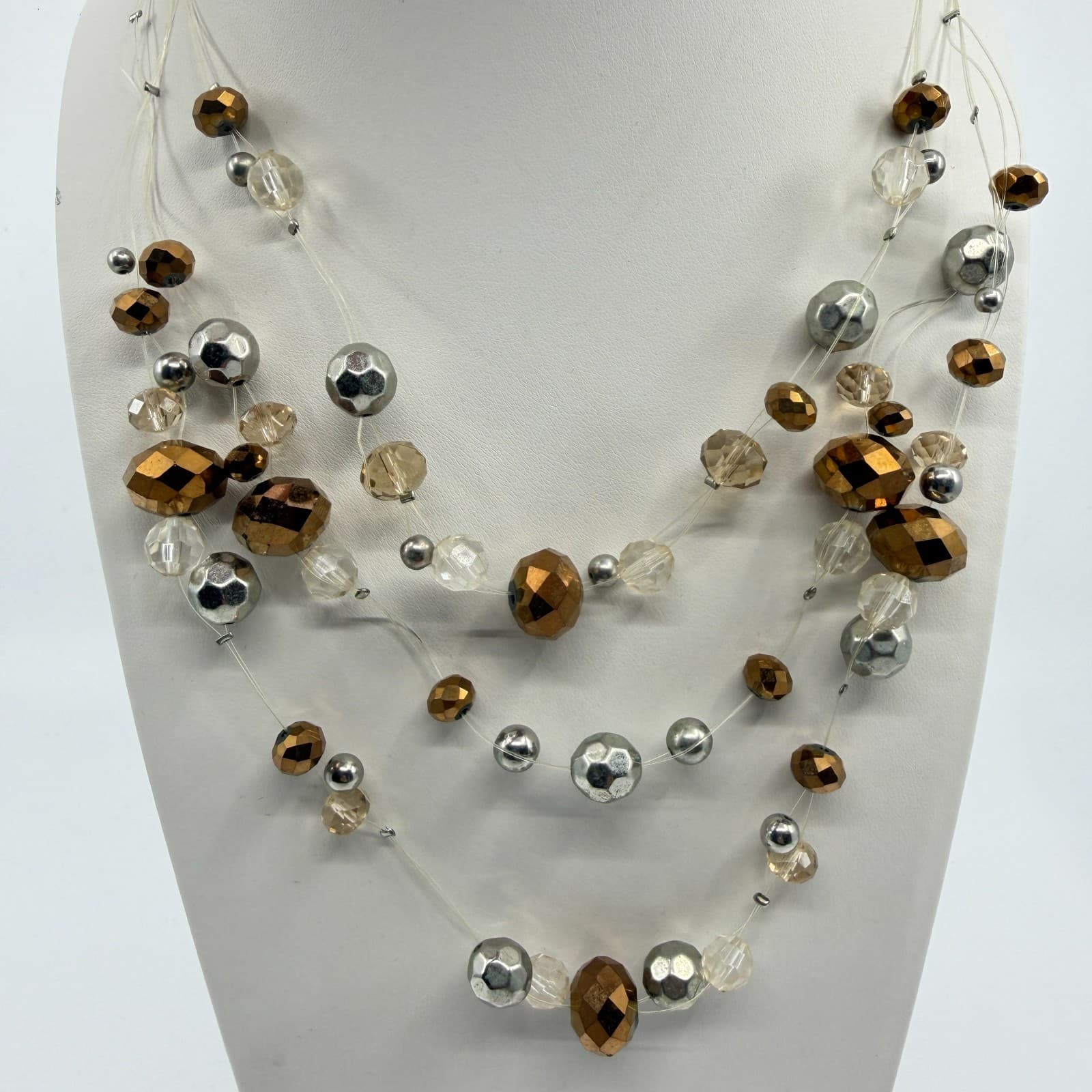 Multi Strand Beads Statement Necklace Bronze & Silver Tone Clear Crystal Layered - Thumbnail 2