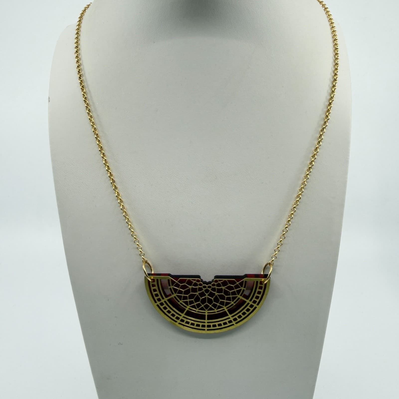 Y2K Gold Tone Semi Circle Pendant Necklace Red Statement Unique Minimalist Gift - Thumbnail 2