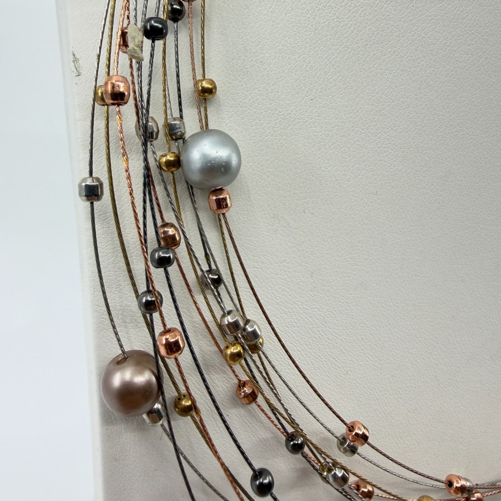 Multi Strand Wire Necklace Mixed Metallic Beads Statement Layered Jewelry Gift - Thumbnail 8