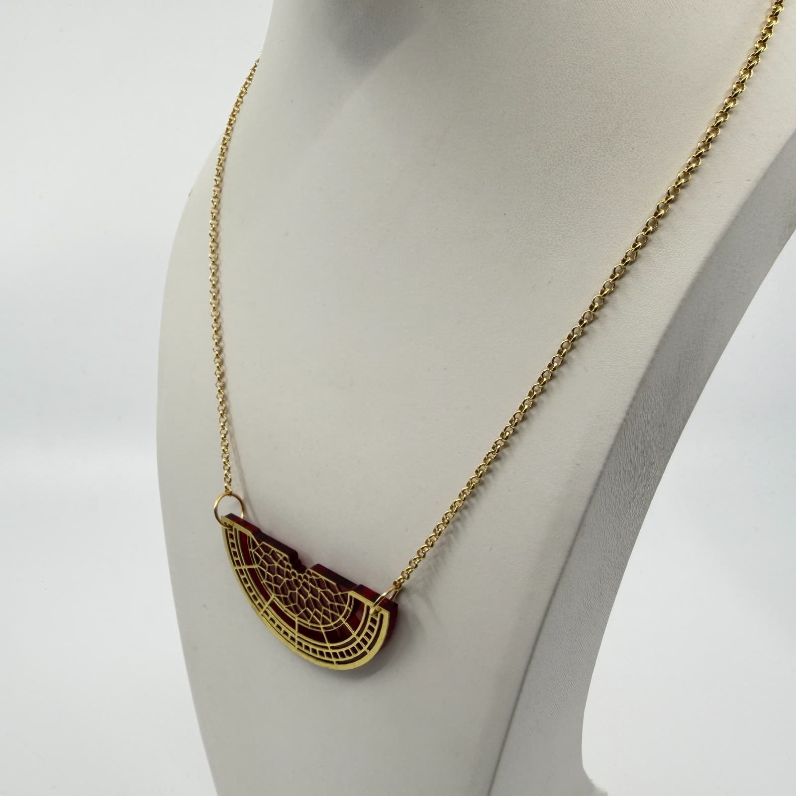 Y2K Gold Tone Semi Circle Pendant Necklace Red Statement Unique Minimalist Gift - Thumbnail 5