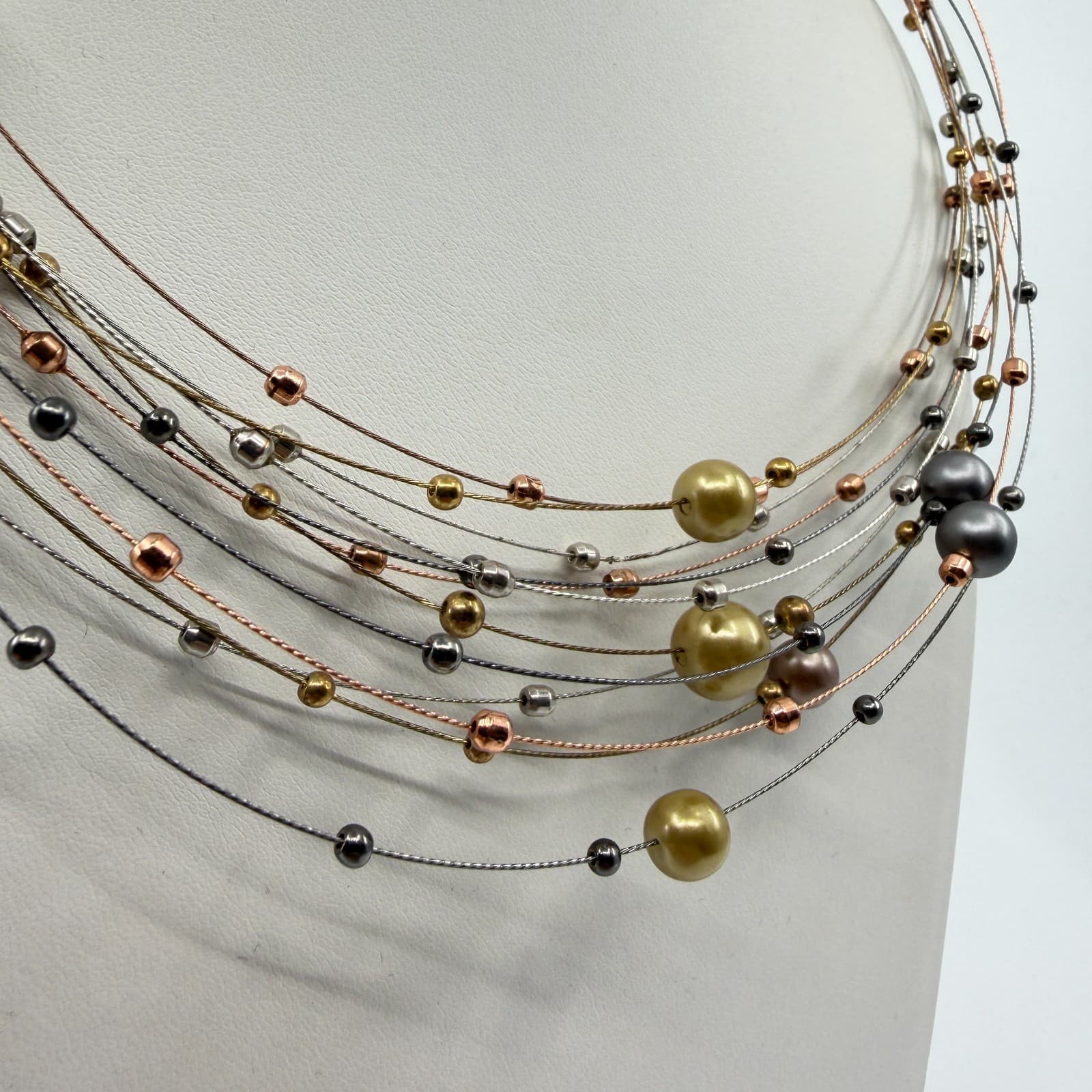 Multi Strand Wire Necklace Mixed Metallic Beads Statement Layered Jewelry Gift - Thumbnail 3