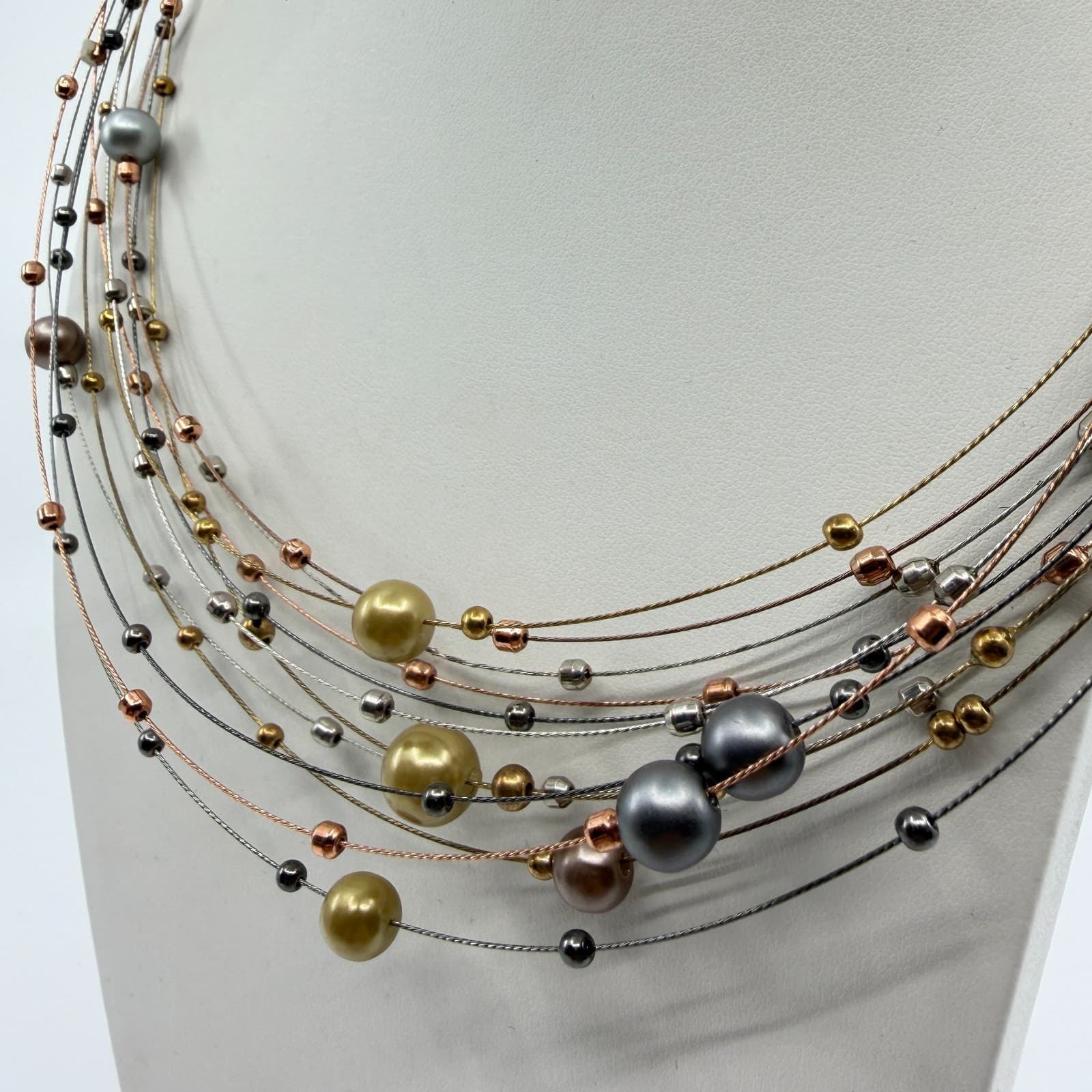Multi Strand Wire Necklace Mixed Metallic Beads Statement Layered Jewelry Gift - Thumbnail 6