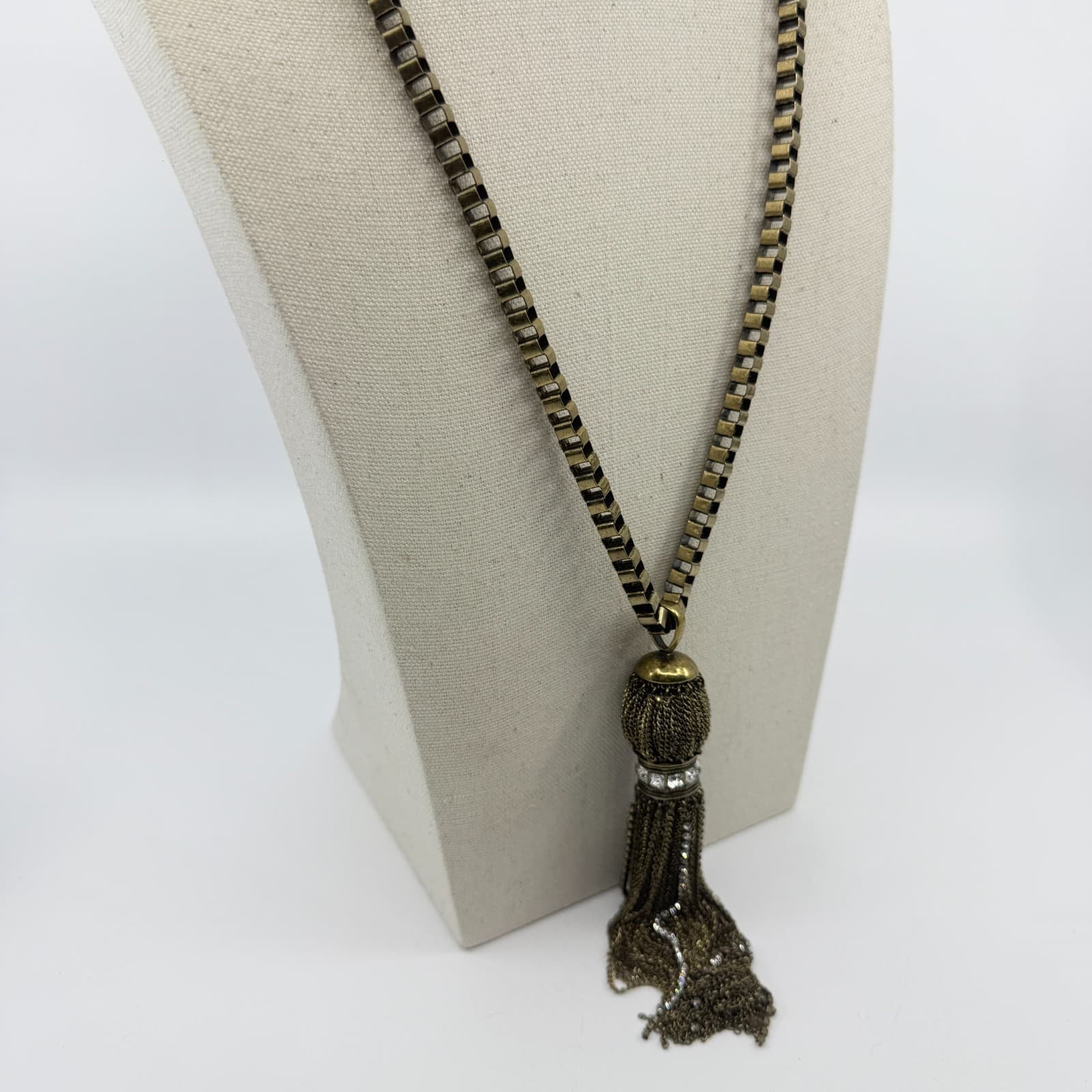 Antique Brass Tone Tassel Statement Necklace Box Chain Sparkly Crystal Accent - Thumbnail 7