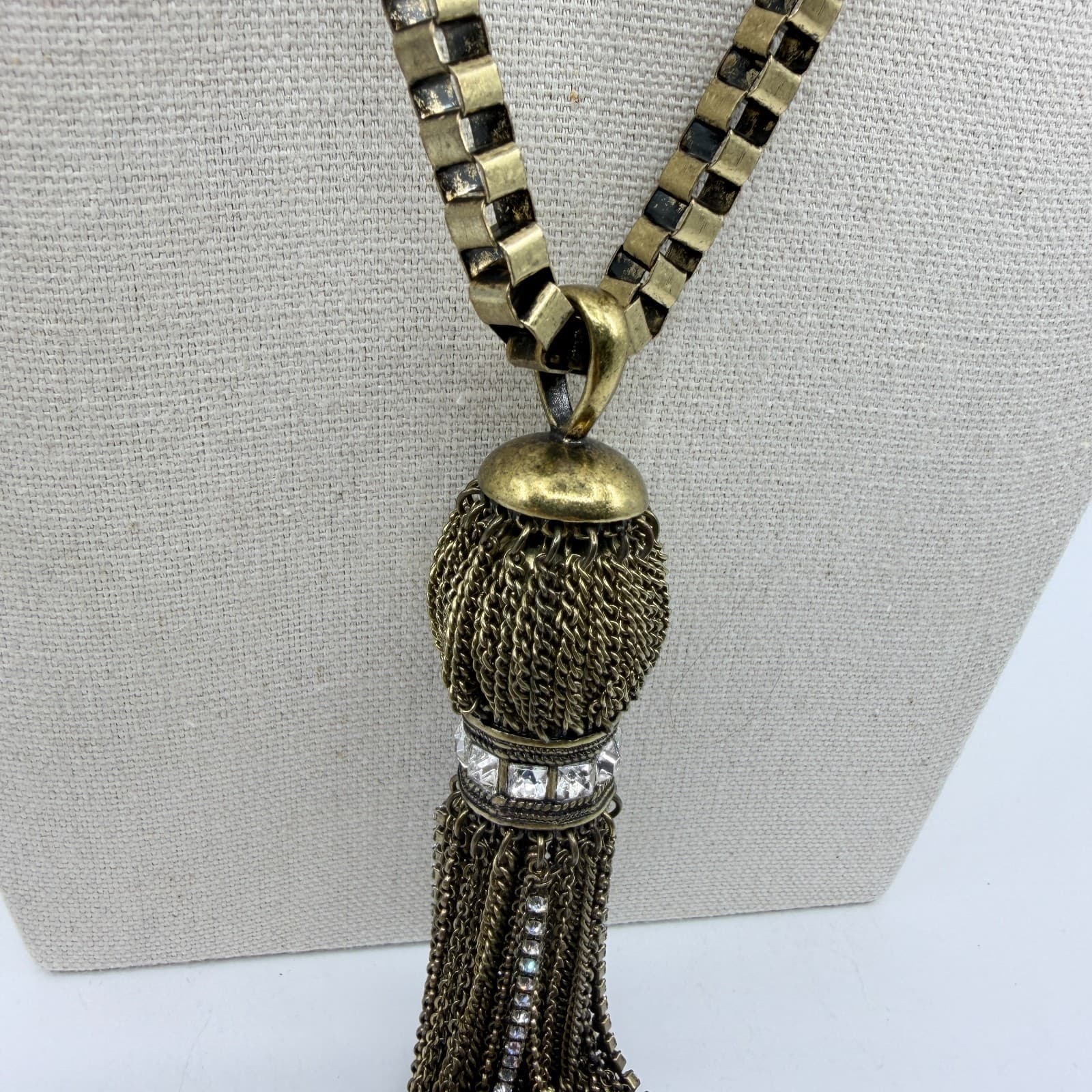 Antique Brass Tone Tassel Statement Necklace Box Chain Sparkly Crystal Accent - Thumbnail 5