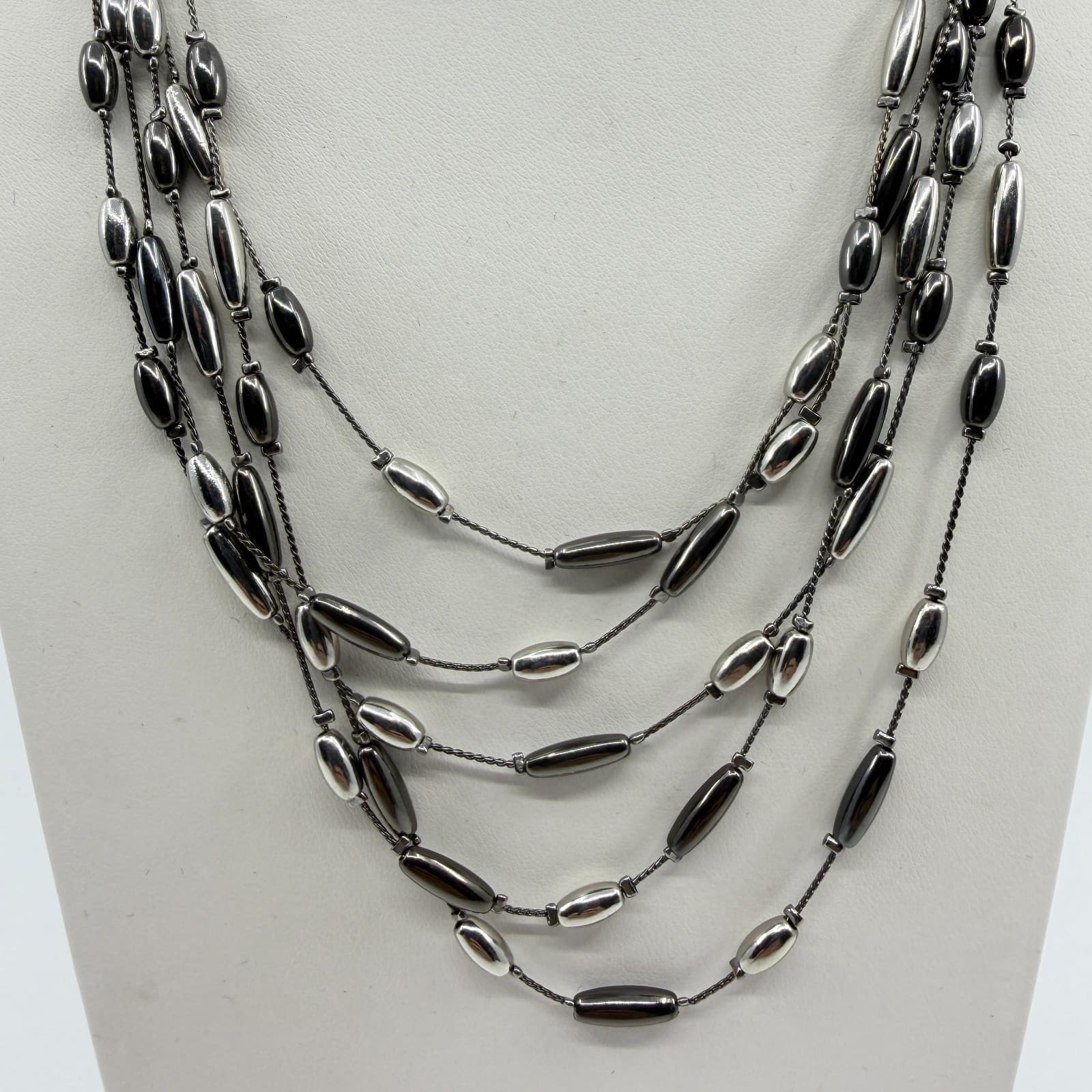 Multi-Strand Floating Metallic Bead Statement Necklace Layer Gunmetal Gray Chic - Thumbnail 2