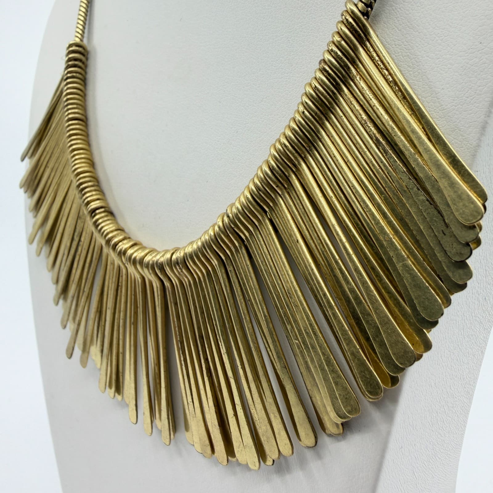 Gold Tone Statement Bib Necklace Fringe Design Bold Metal Collar Fashion Piece - Thumbnail 6