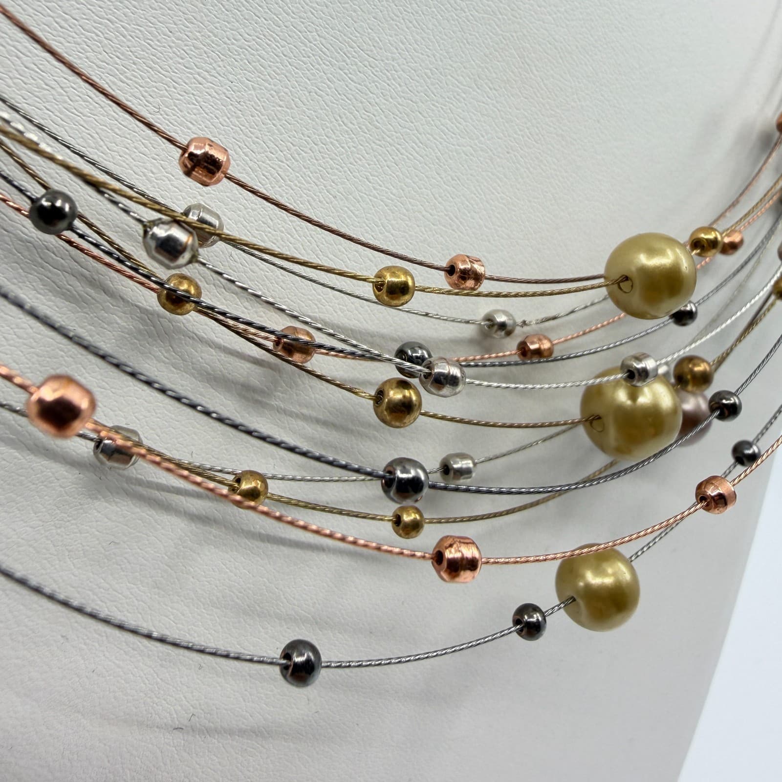 Multi Strand Wire Necklace Mixed Metallic Beads Statement Layered Jewelry Gift - Thumbnail 4