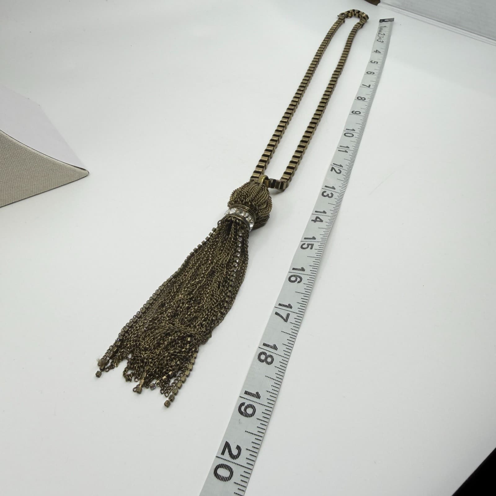 Antique Brass Tone Tassel Statement Necklace Box Chain Sparkly Crystal Accent - Thumbnail 10