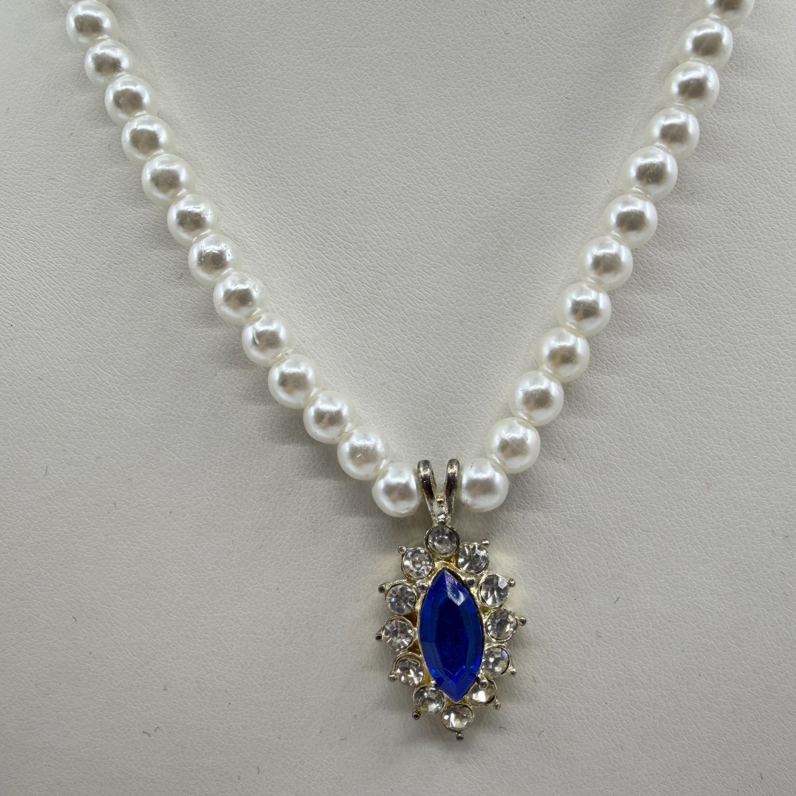 Faux Pearl Necklace Royal Blue Marquise Rhinestone Pendant Statement Jewelry - Thumbnail 3