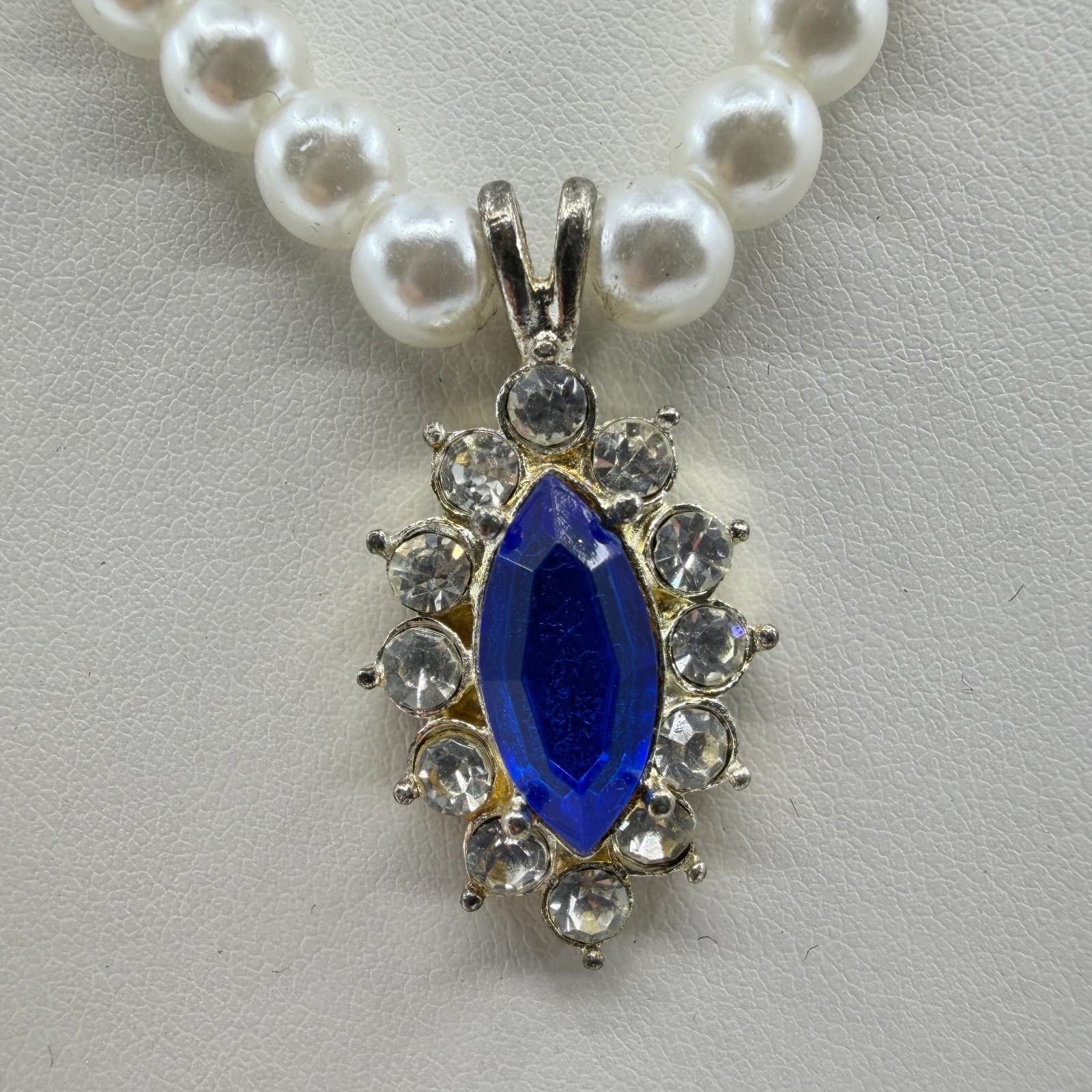 Faux Pearl Necklace Royal Blue Marquise Rhinestone Pendant Statement Jewelry - Thumbnail 2