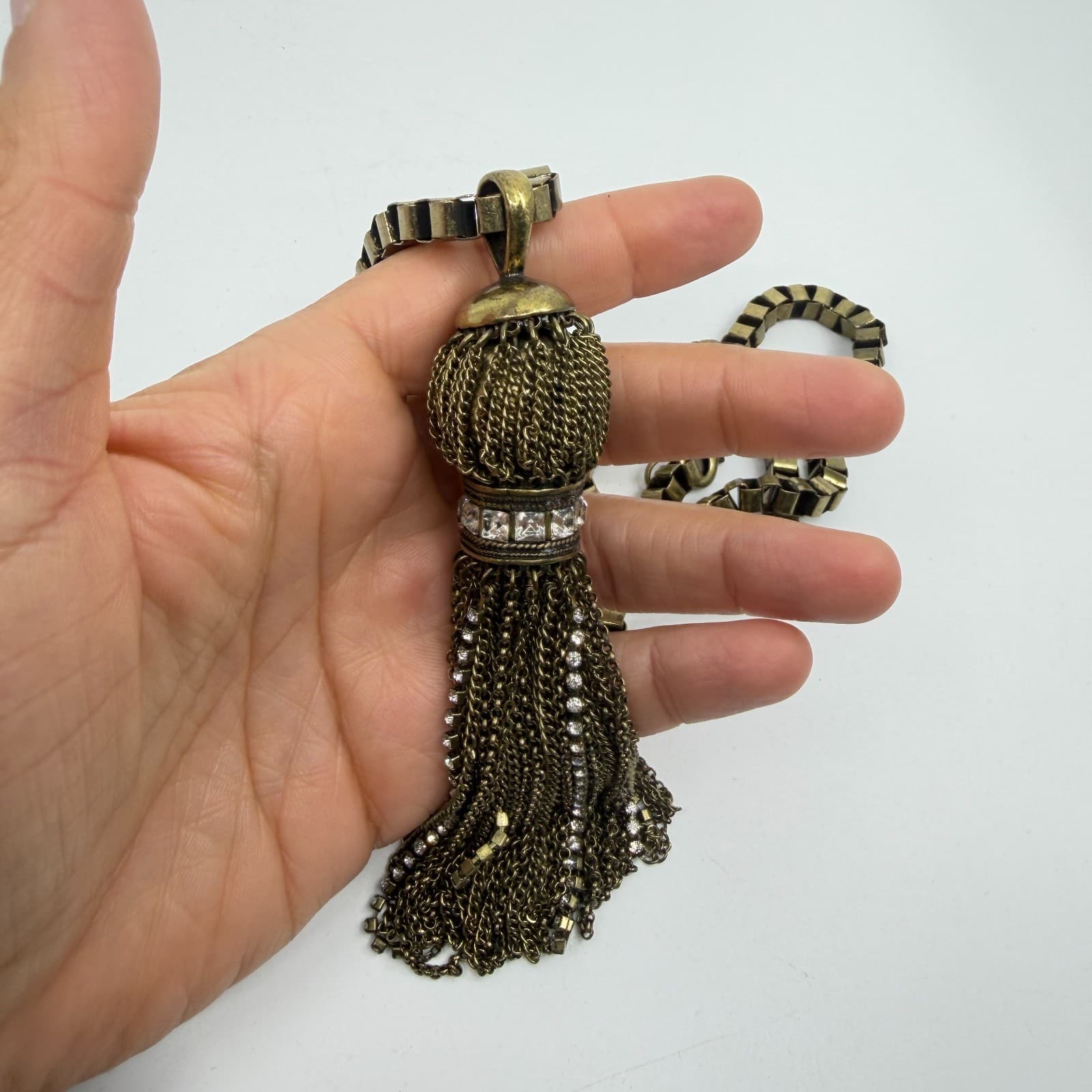 Antique Brass Tone Tassel Statement Necklace Box Chain Sparkly Crystal Accent - Thumbnail 9