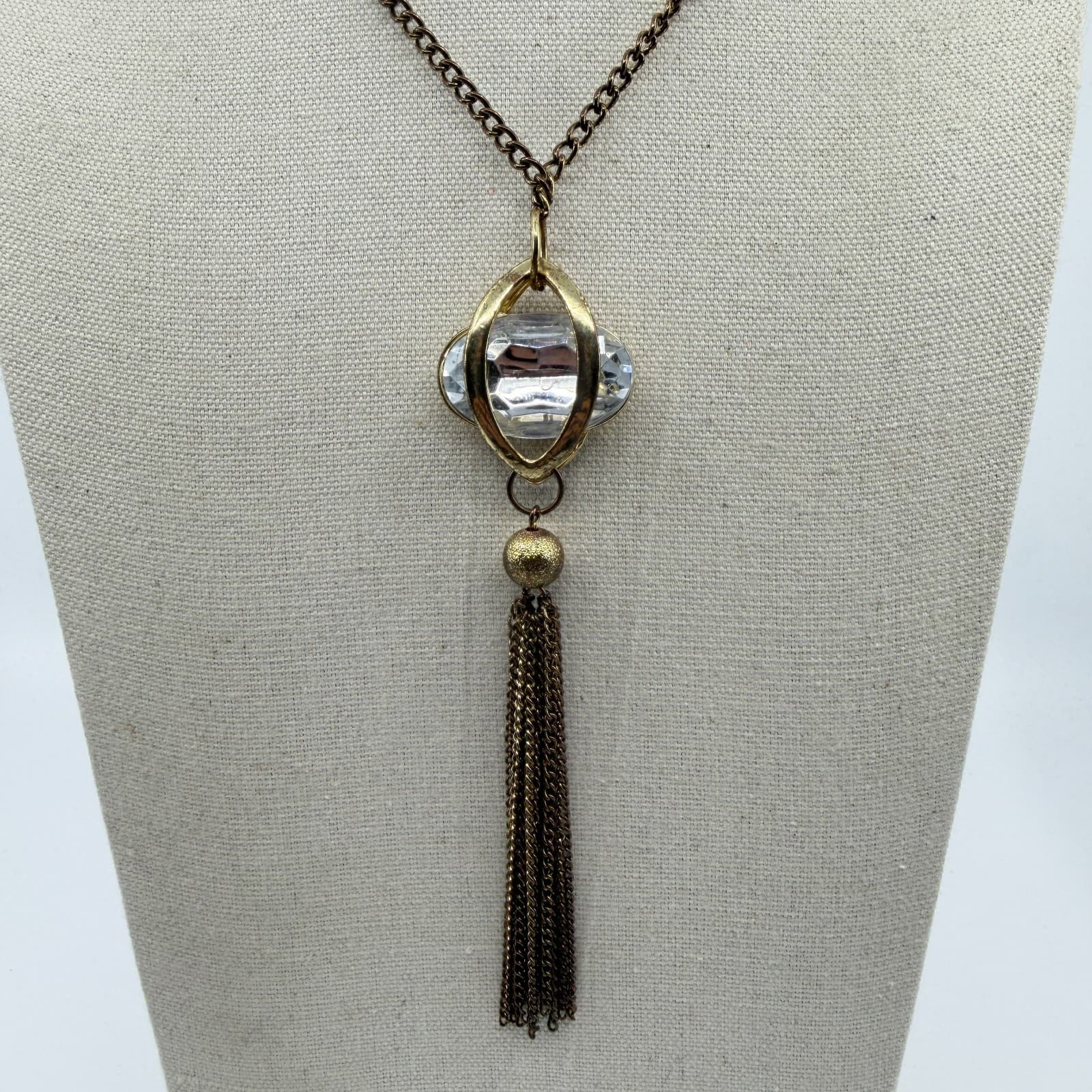Gold Tone Statement Pendant Necklace Clear Crystal Cage Design With Tassel Charm - Thumbnail 3