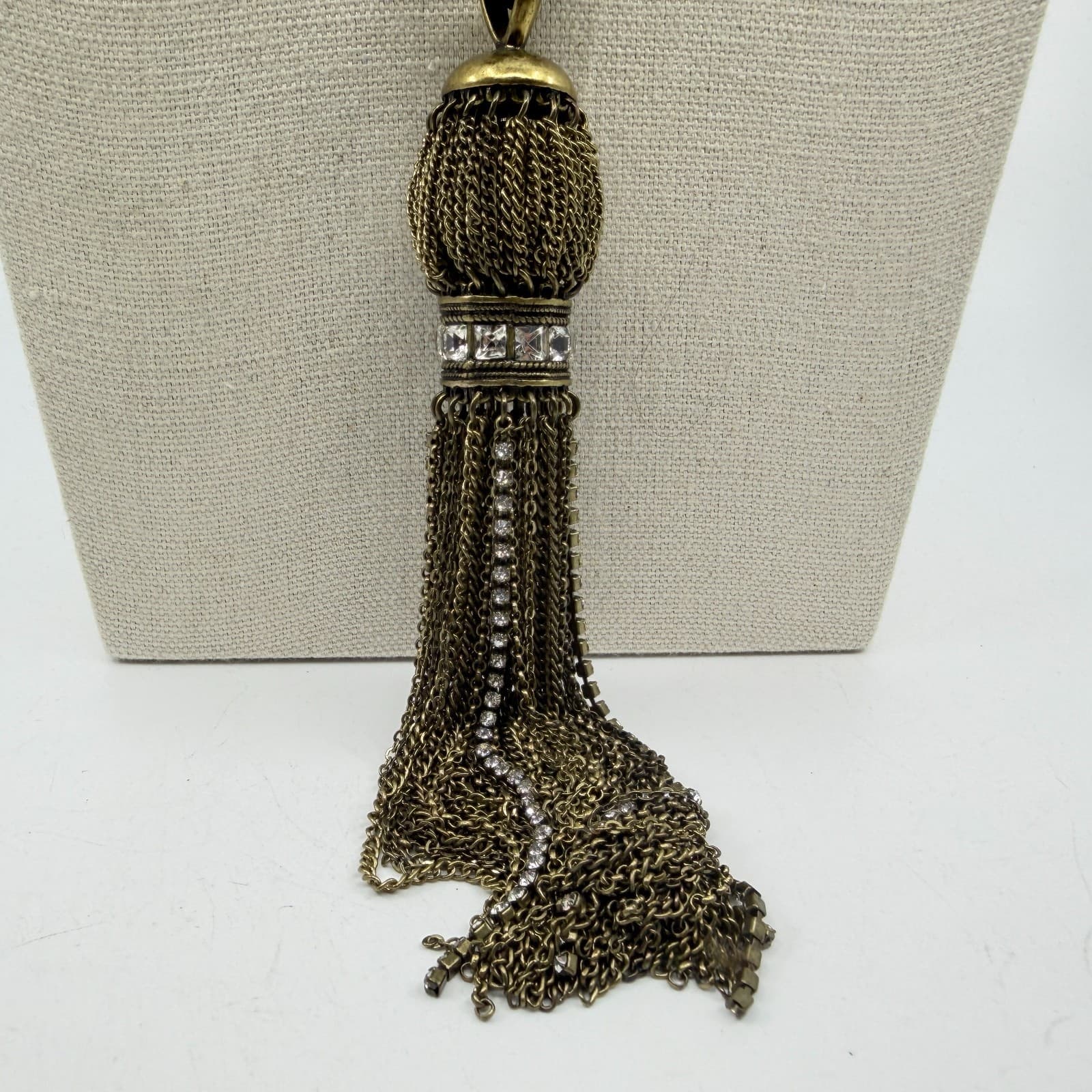 Antique Brass Tone Tassel Statement Necklace Box Chain Sparkly Crystal Accent - Thumbnail 2
