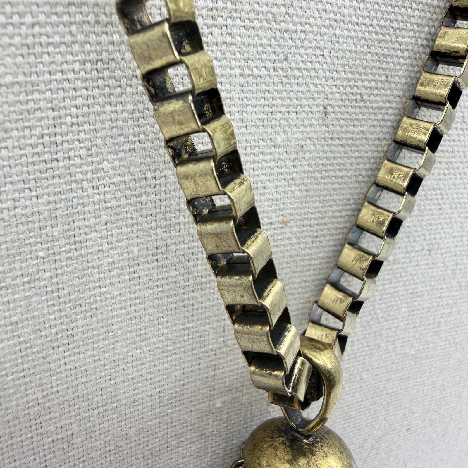 Antique Brass Tone Tassel Statement Necklace Box Chain Sparkly Crystal Accent - Thumbnail 6