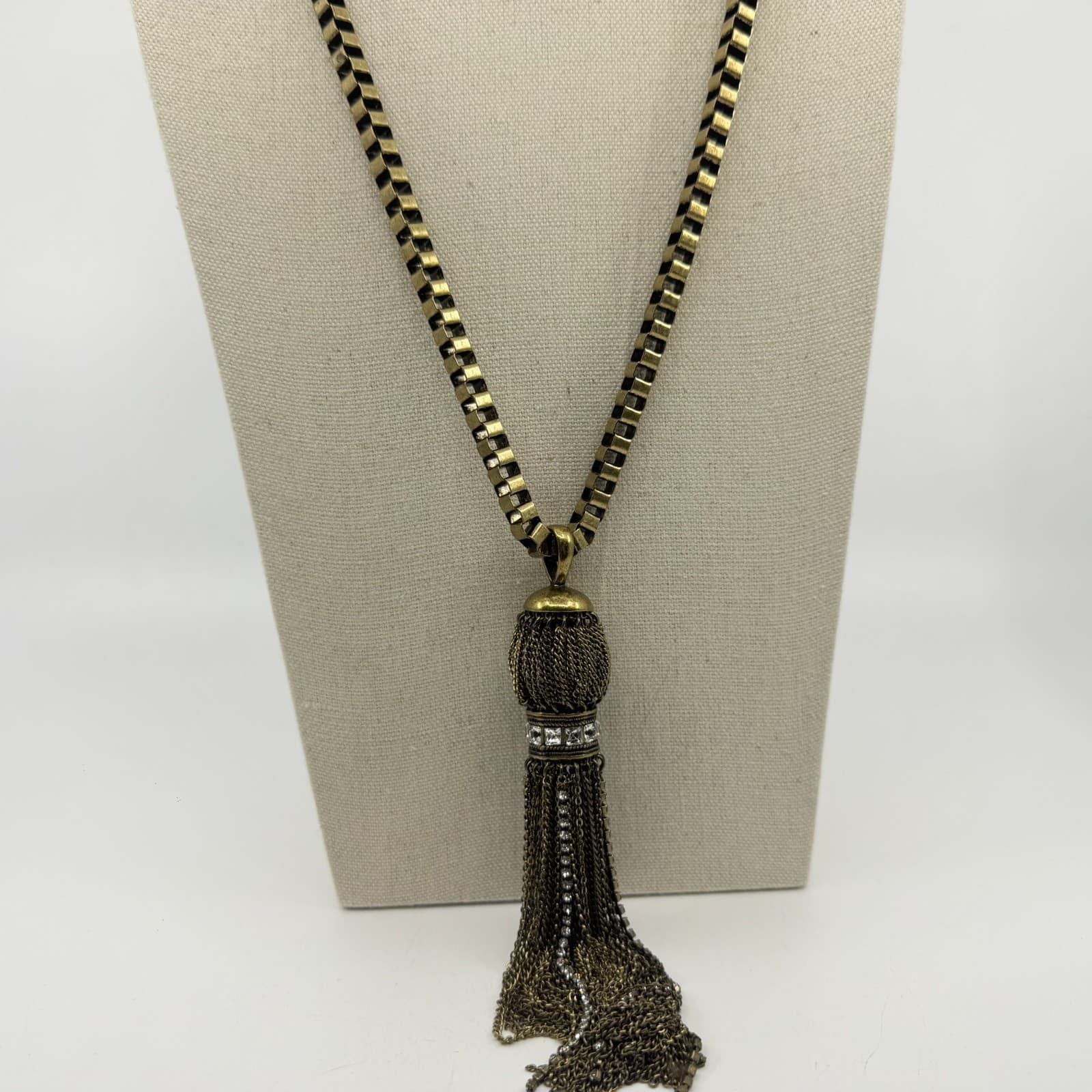 Antique Brass Tone Tassel Statement Necklace Box Chain Sparkly Crystal Accent - Thumbnail 3