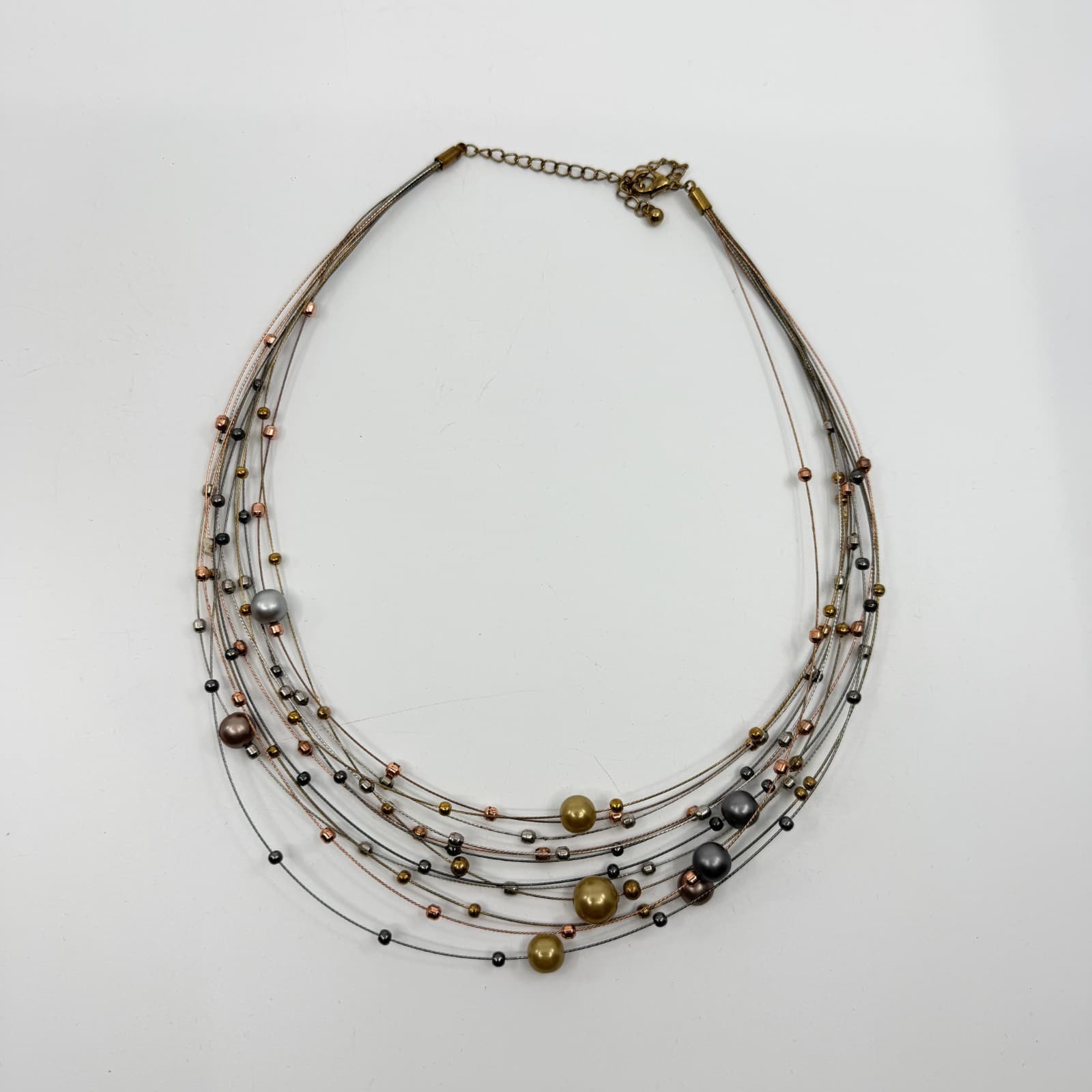 Multi Strand Wire Necklace Mixed Metallic Beads Statement Layered Jewelry Gift - Thumbnail 10