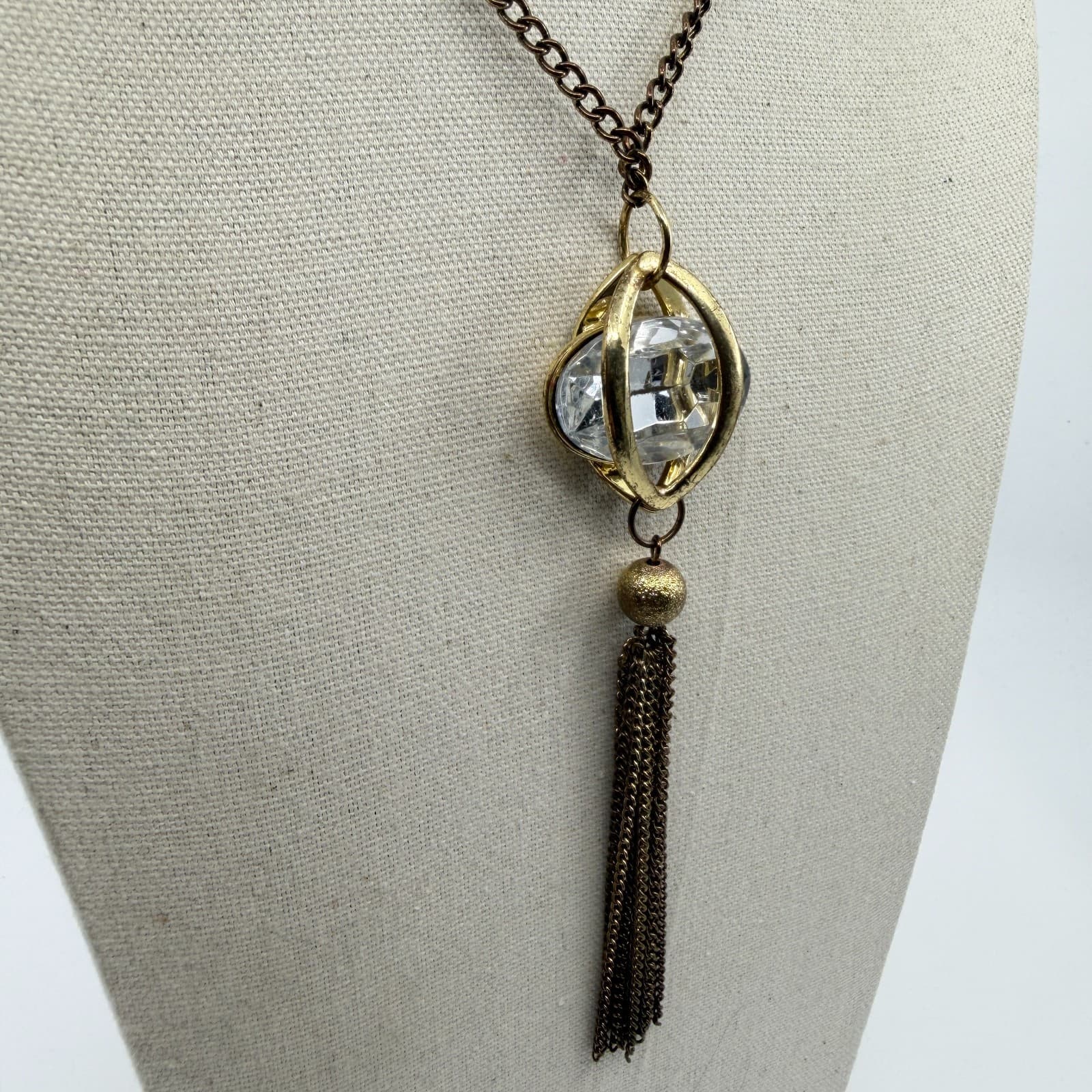 Gold Tone Statement Pendant Necklace Clear Crystal Cage Design With Tassel Charm - Thumbnail 4