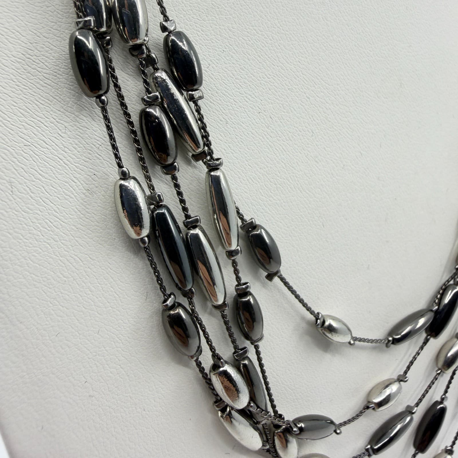 Multi-Strand Floating Metallic Bead Statement Necklace Layer Gunmetal Gray Chic - Thumbnail 4