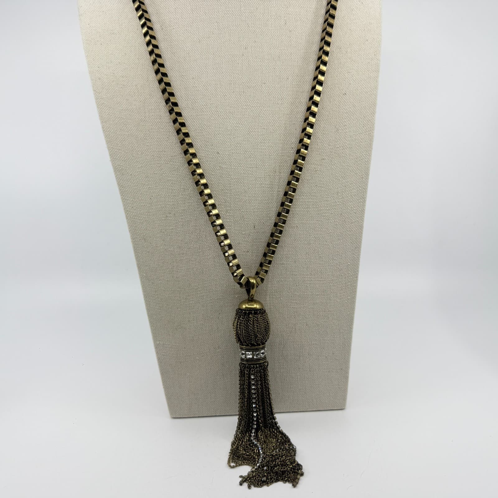 Antique Brass Tone Tassel Statement Necklace Box Chain Sparkly Crystal Accent - Thumbnail 4