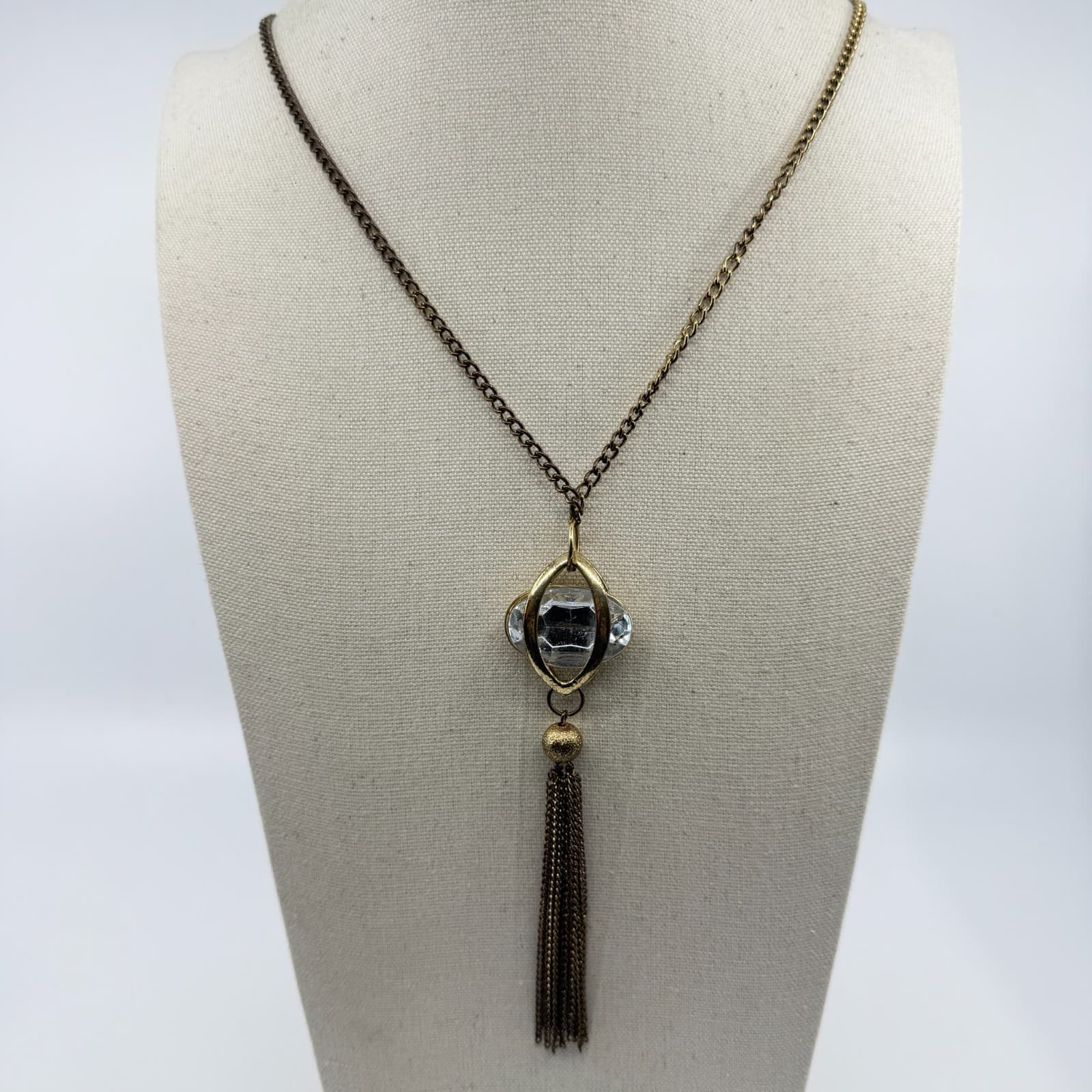 Gold Tone Statement Pendant Necklace Clear Crystal Cage Design With Tassel Charm - Thumbnail 7