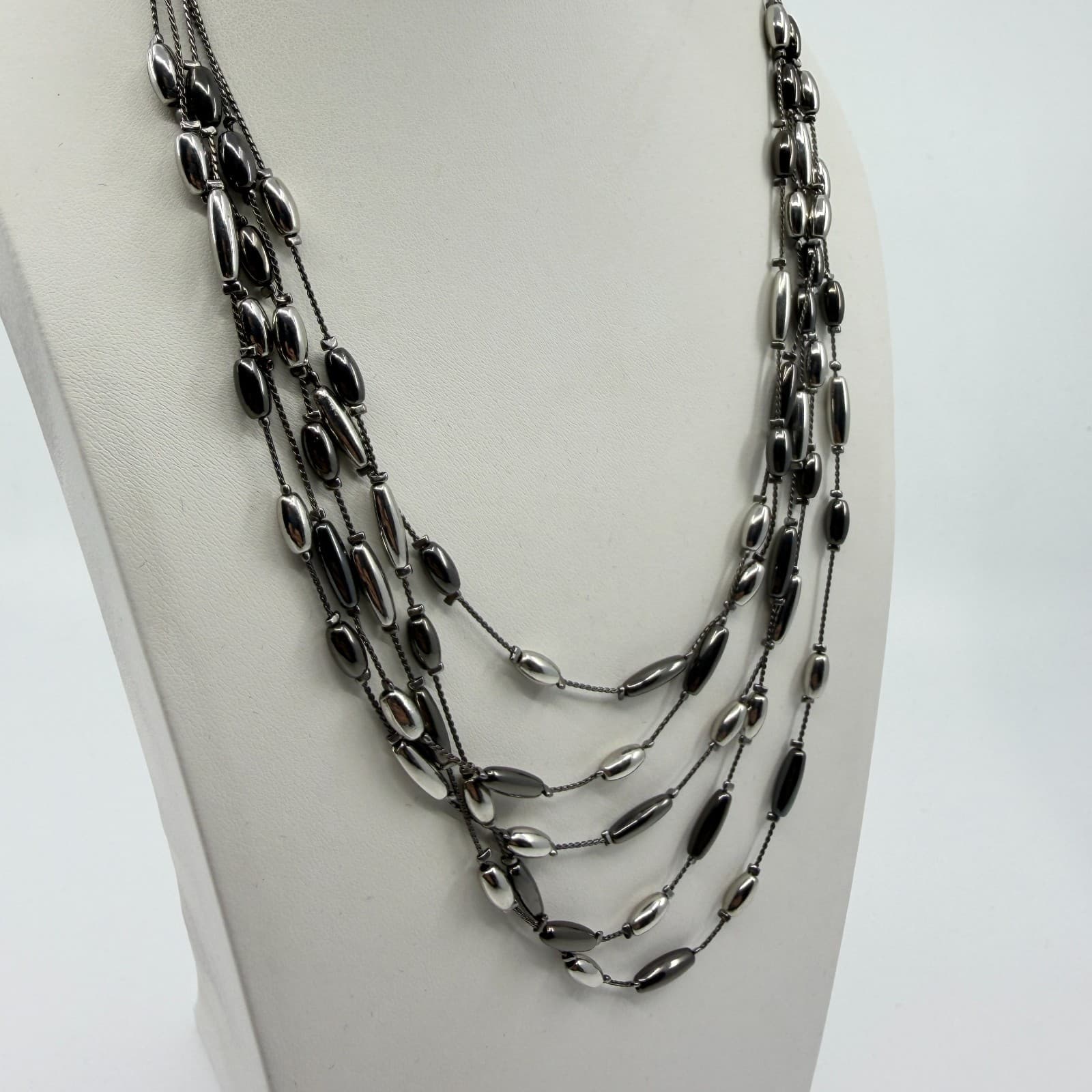 Multi-Strand Floating Metallic Bead Statement Necklace Layer Gunmetal Gray Chic - Thumbnail 5