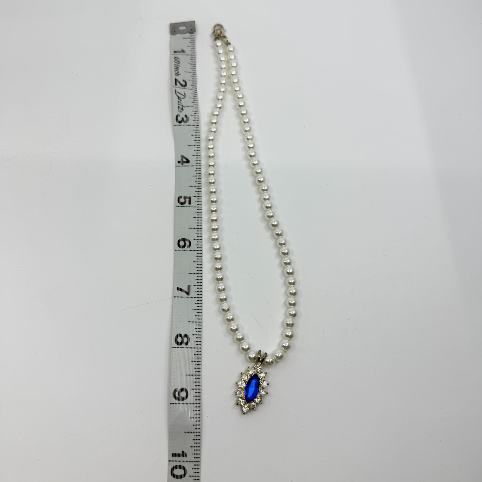 Faux Pearl Necklace Royal Blue Marquise Rhinestone Pendant Statement Jewelry - Thumbnail 10
