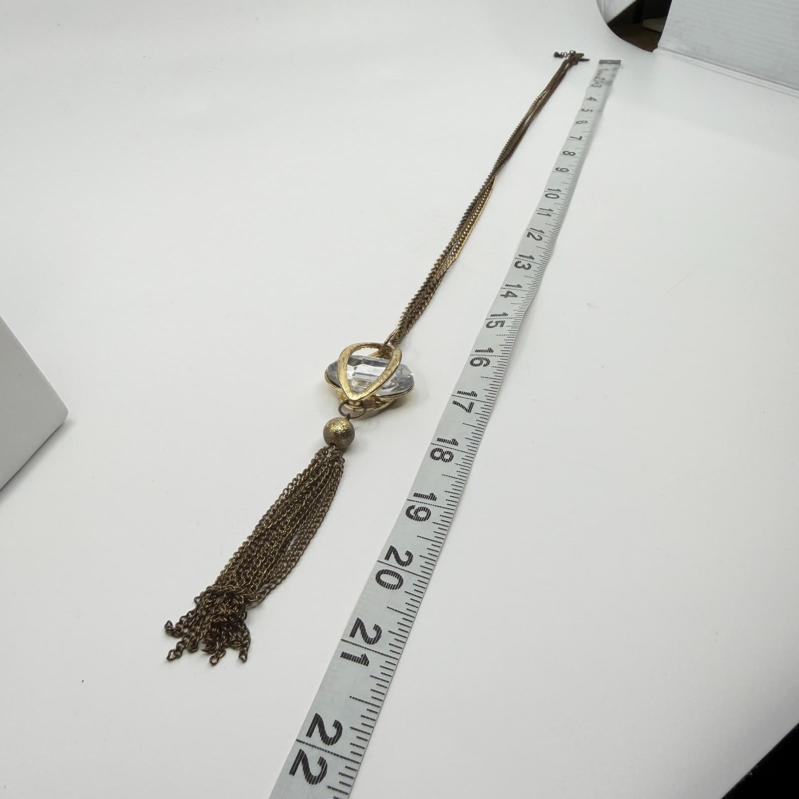 Gold Tone Statement Pendant Necklace Clear Crystal Cage Design With Tassel Charm - Thumbnail 12
