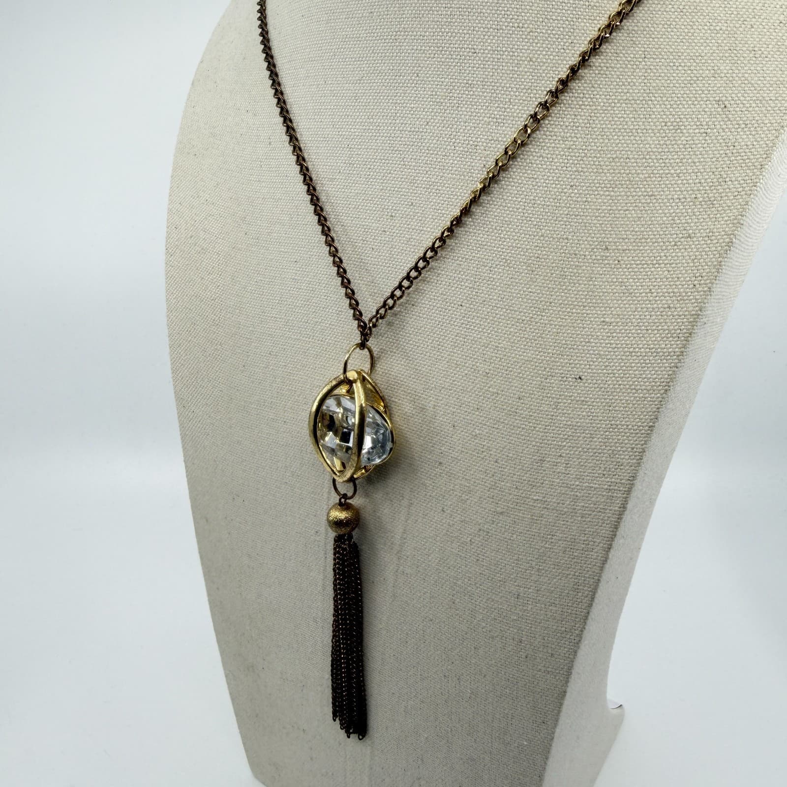 Gold Tone Statement Pendant Necklace Clear Crystal Cage Design With Tassel Charm - Thumbnail 6
