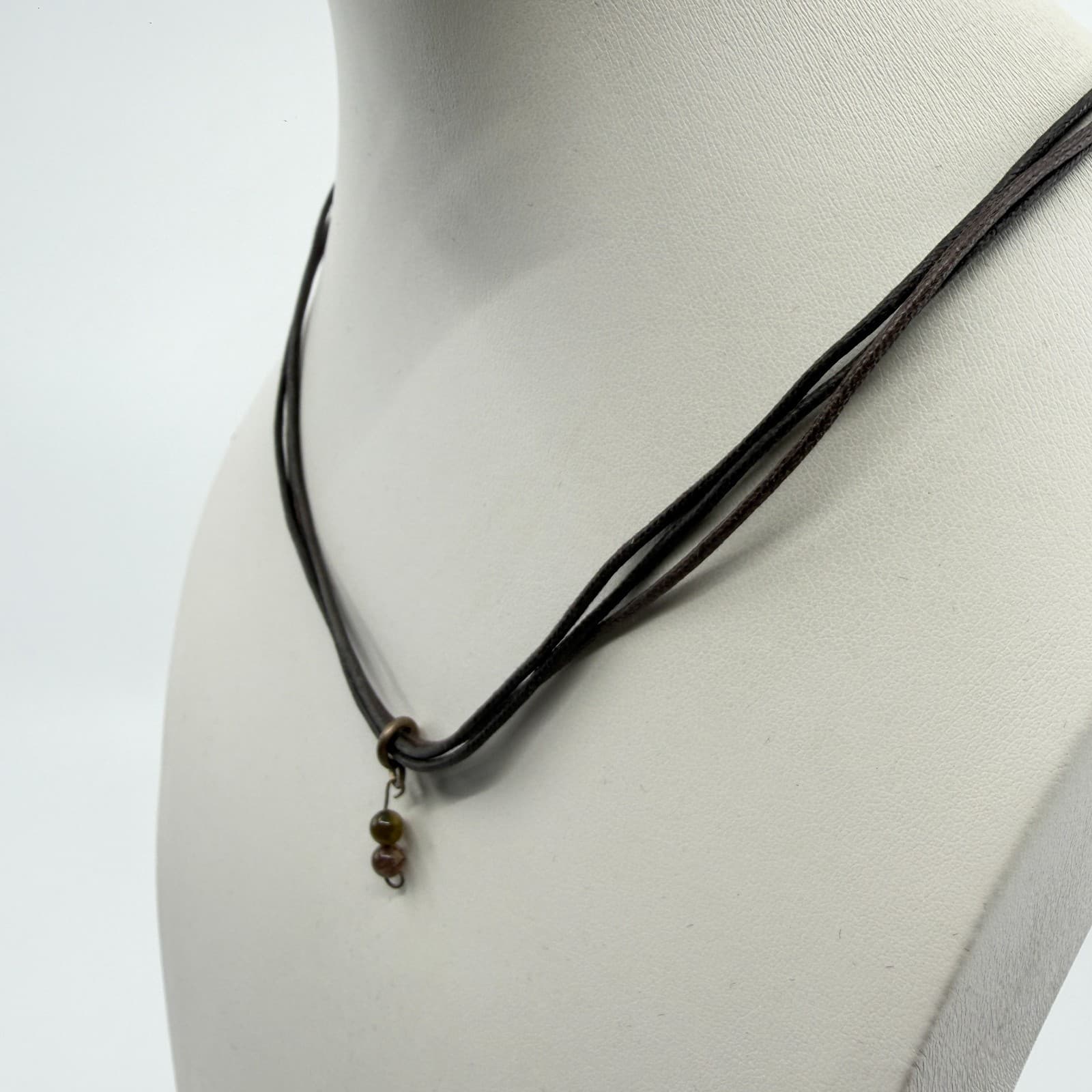 Minimalist Cord Necklace Brown Strands With Tiny Earth Tone Beaded Pendant Charm - Thumbnail 5