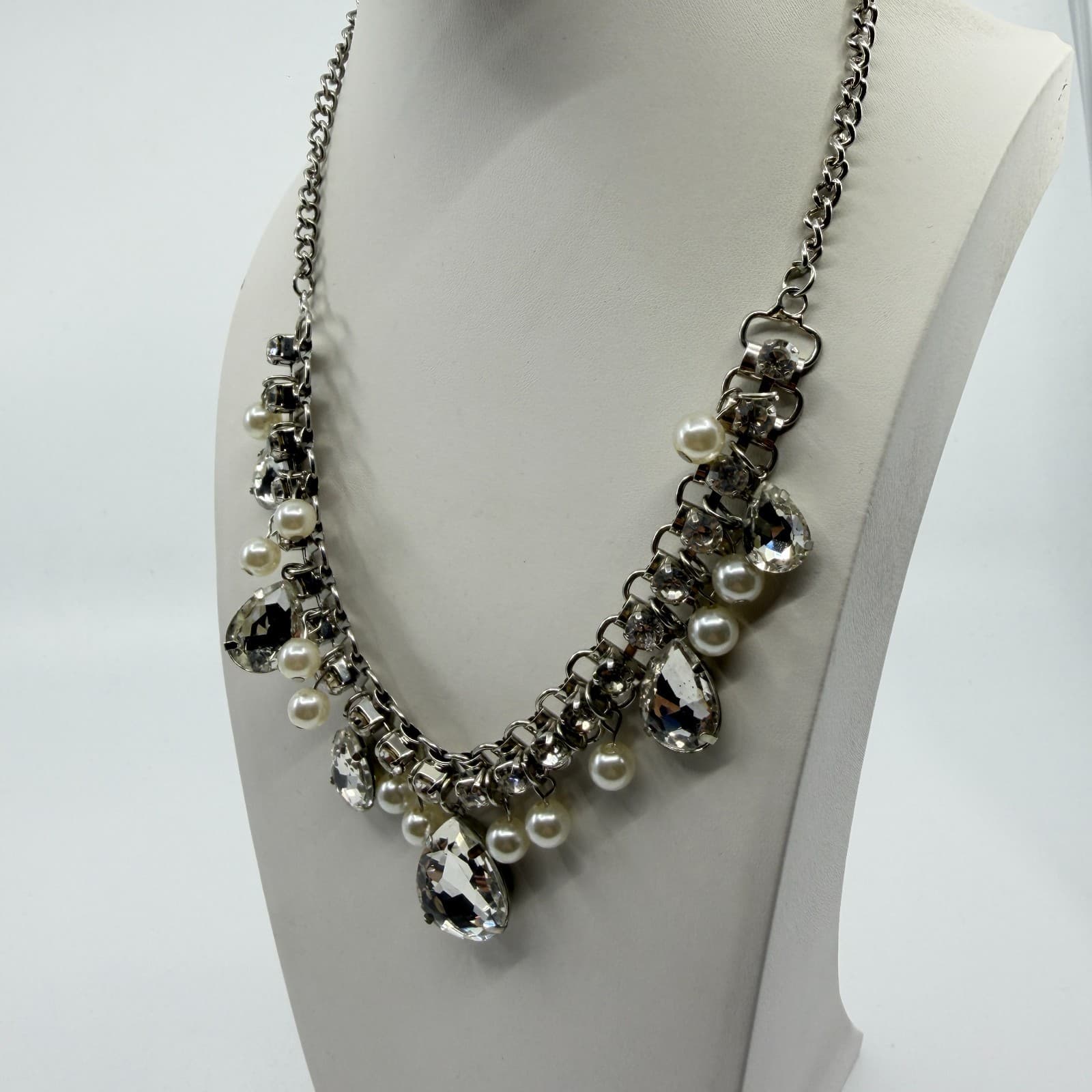 Glamorous Statement Necklace Clear Crystal Teardrop Faux Pearl Silver Tone Party - Thumbnail 6