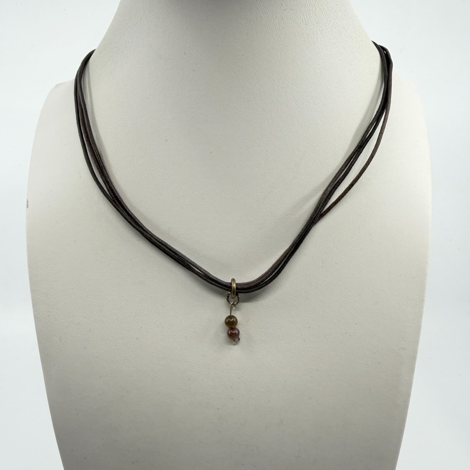 Minimalist Cord Necklace Brown Strands With Tiny Earth Tone Beaded Pendant Charm - Thumbnail 6