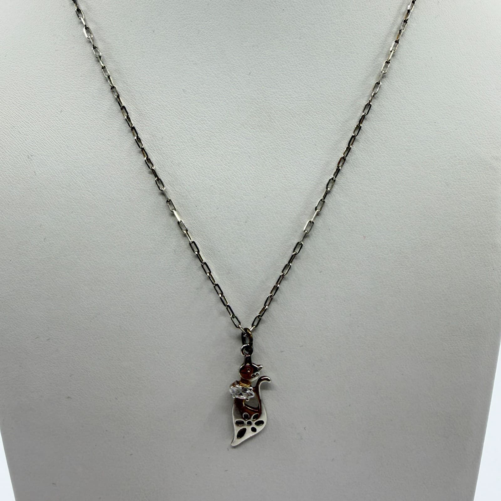 Whimsical Cat Pendant Necklace Silver Tone Cubic Zirconia Gift for Cat Lovers - Thumbnail 4